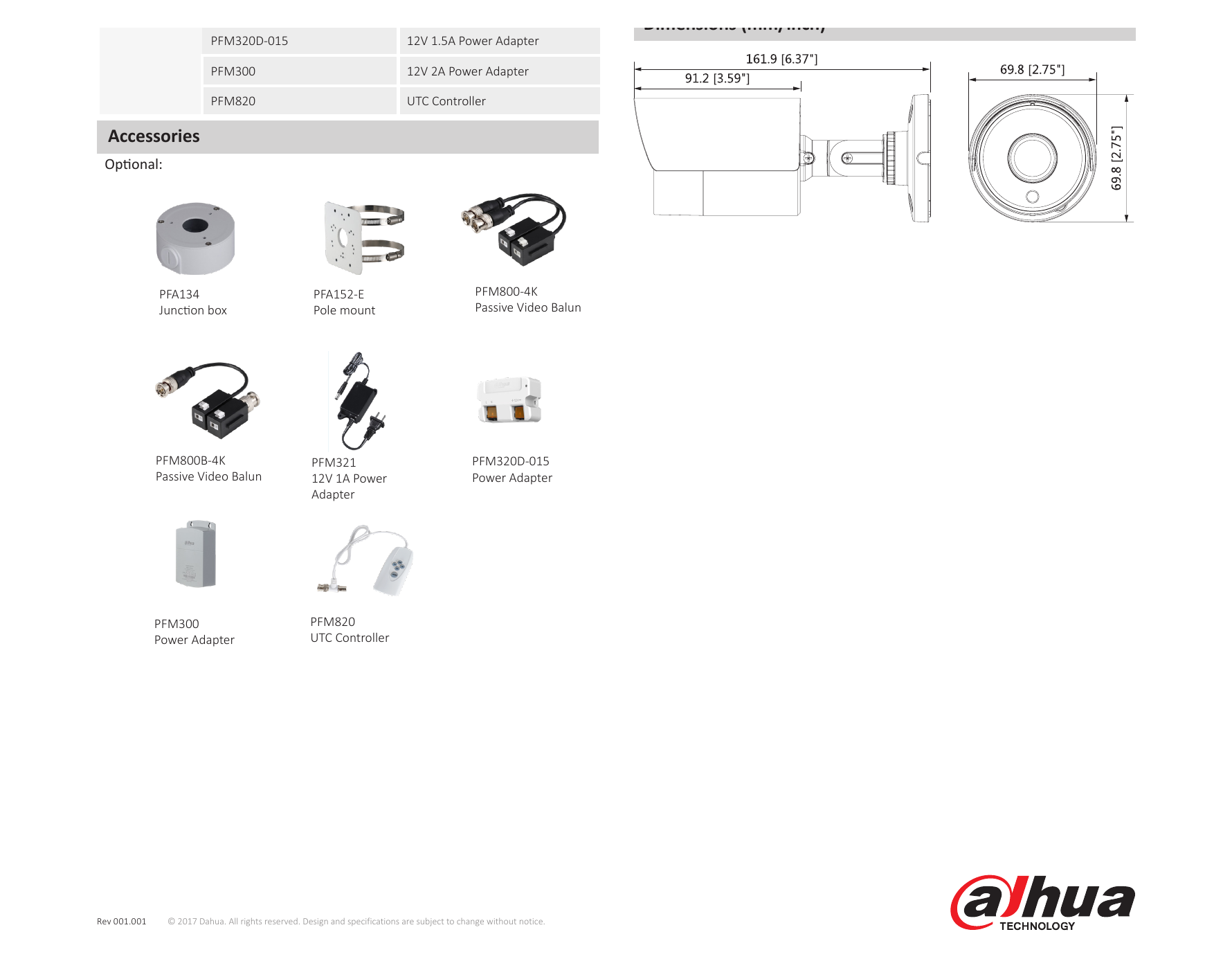 DH-HAC-HFW1400SL 外形尺寸圖 161.9mm×69.8mm×69.8mm (6.37"×2.75"×2.75")｜Unit: mm