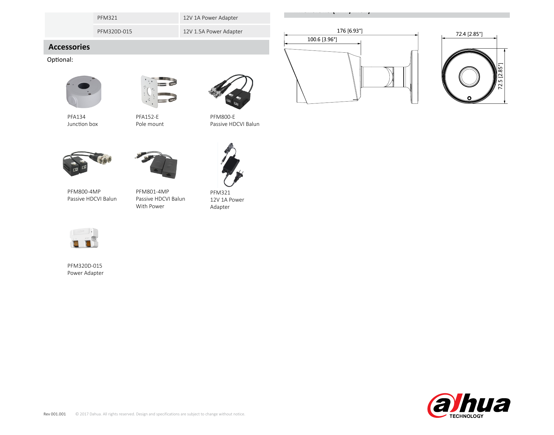 DH-HAC-HFW1400T 外形尺寸圖 176mm×72.4mm×72.5mm (6.93"×2.85"×2.85") Distance｜Unit: mm