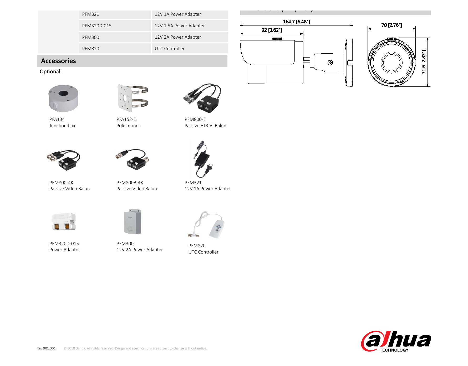 DH-HAC-HFW1500S 外形尺寸圖 164.7mm×70mm×71.6mm (6.48"×2.76"×2.82") 2.8mm: 63m(207ft) 25px/m｜Unit: mm
