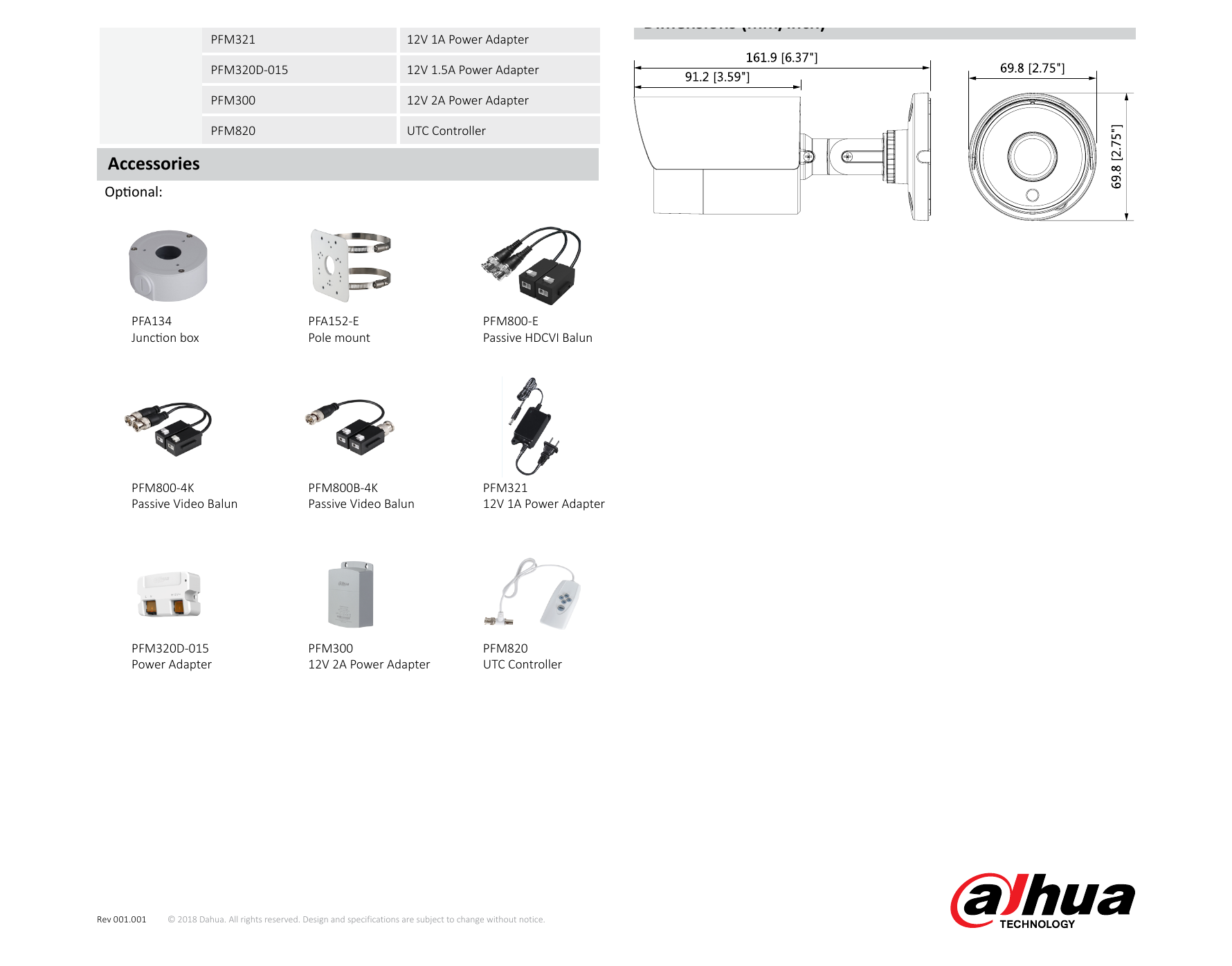 DH-HAC-HFW1500SL 外形尺寸圖 161.9mm×69.8mm×69.8mm (6.37"×2.75"×2.75") 2.8mm: 63m(207ft) 25px/m｜Unit: mm