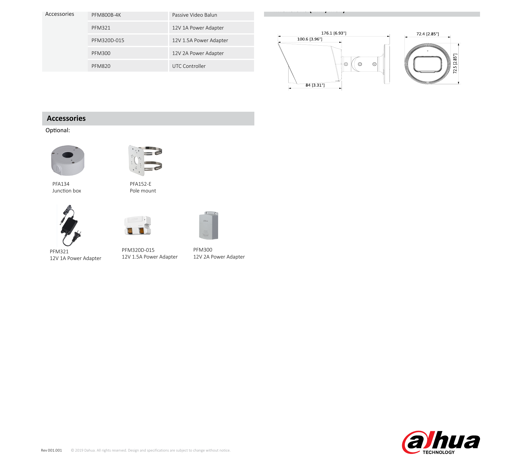 DH-HAC-HFW1500T-A-POC 外形尺寸圖 176mm×72.4mm×72.5mm (6.93"×2.85"×2.85")｜Unit: mm
