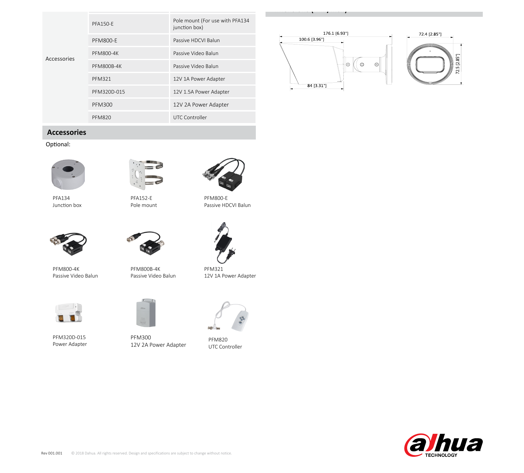 DH-HAC-HFW1500T 外形尺寸圖 176mm×72.4mm×72.5mm (6.93"×2.85"×2.85") Distance｜Unit: mm