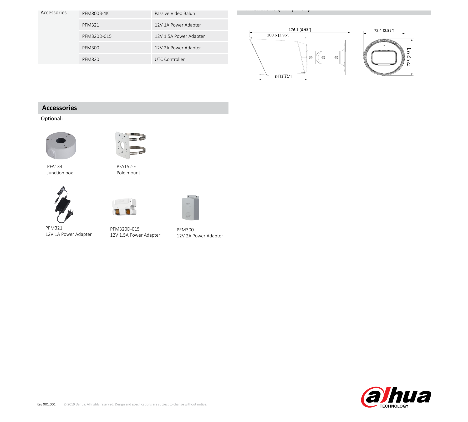 DH-HAC-HFW1500T-POC 外形尺寸圖 176mm×72.4mm×72.5mm (6.93"×2.85"×2.85")｜Unit: mm