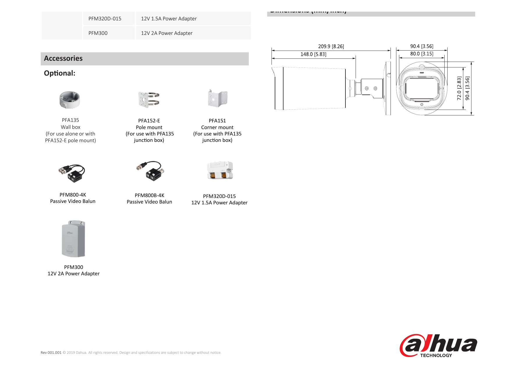 DH-HAC-HFW1801R-Z-IRE6(-A) 外形尺寸圖 209.9mm×90.4mm×90.4mm (8.26"×3.56"×3.56") Horizontal: 105°–33°｜Unit: mm