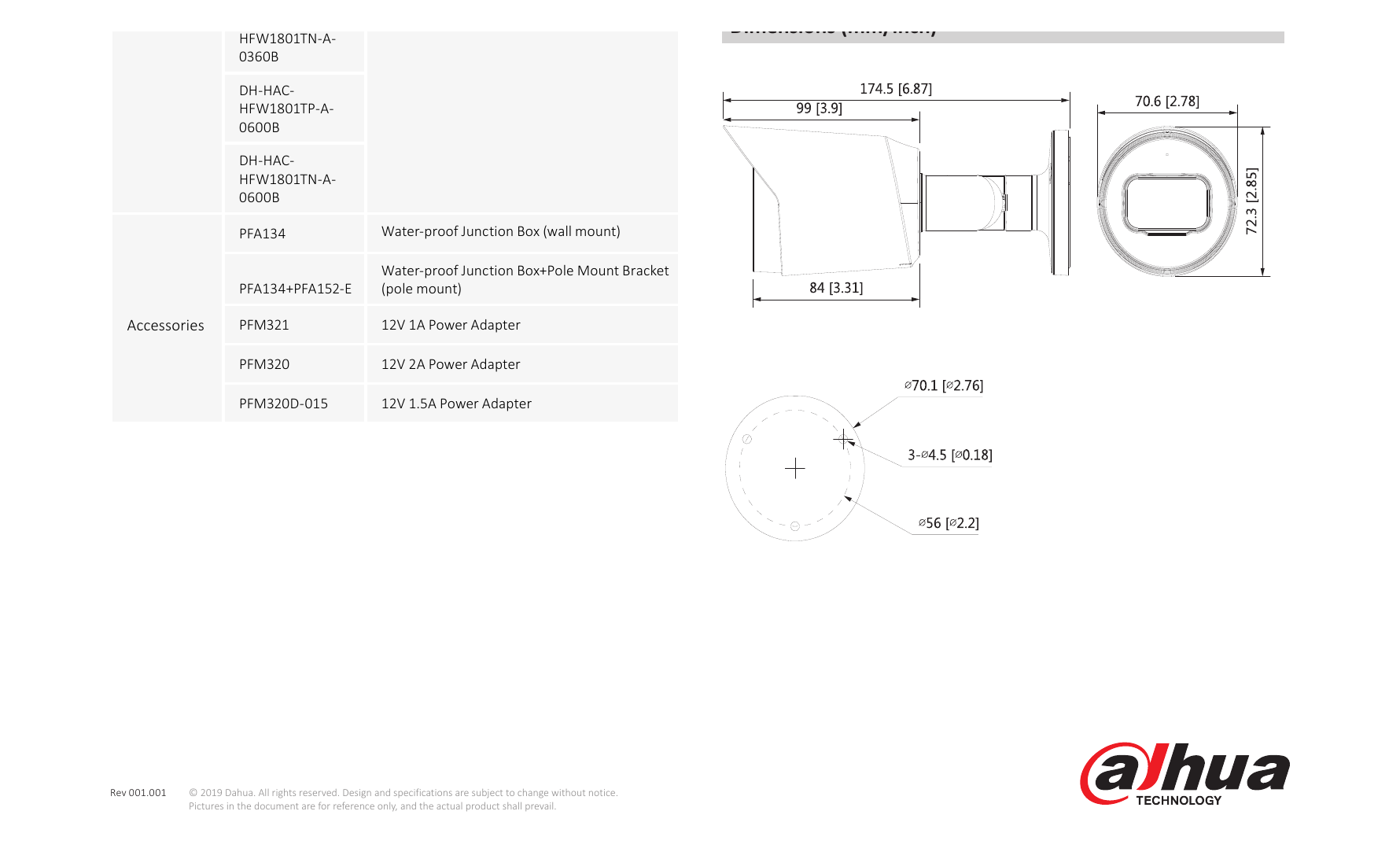 DH-HAC-HFW1801T(-A) 外形尺寸圖 174.5mm×70.6mm×72.3mm (6.87”×2.78”×2.85”) 6mm: 62.4°×54.7°×31.3° (diagonal×horizontal×vertical)｜Unit: mm