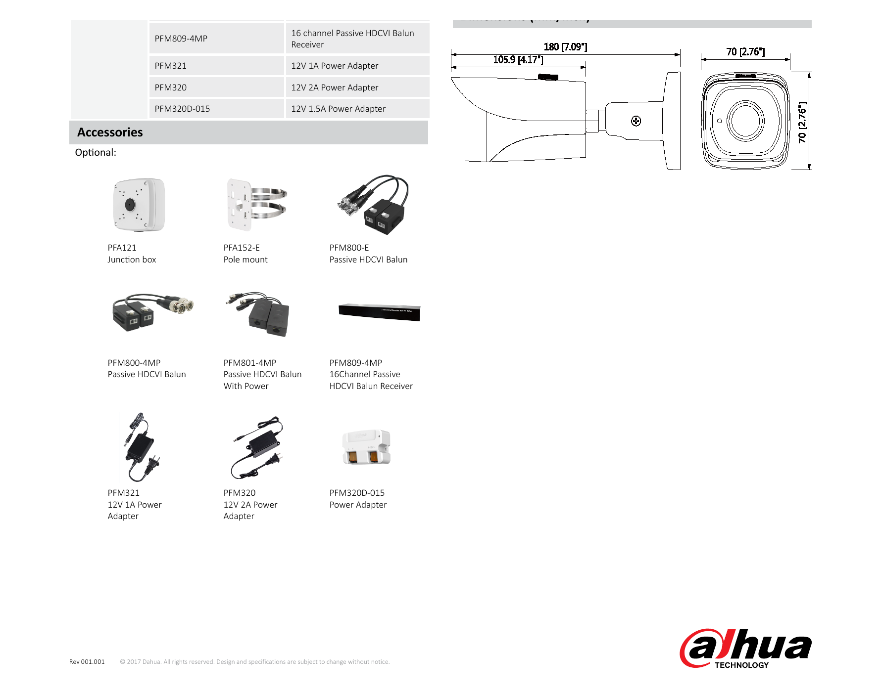 DH-HAC-HFW2221E 外形尺寸圖 180mm×70mm×70mm (7.09"×2.76"×2.76")｜Unit: mm