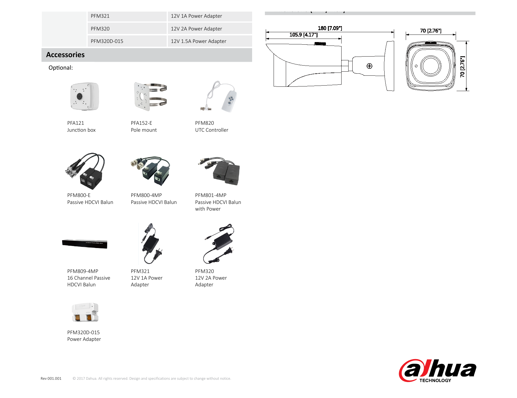 DH-HAC-HFW2231E 外形尺寸圖 180mm×70mm×70mm (7.09"×2.76"×2.76") Distance Definition｜Unit: mm