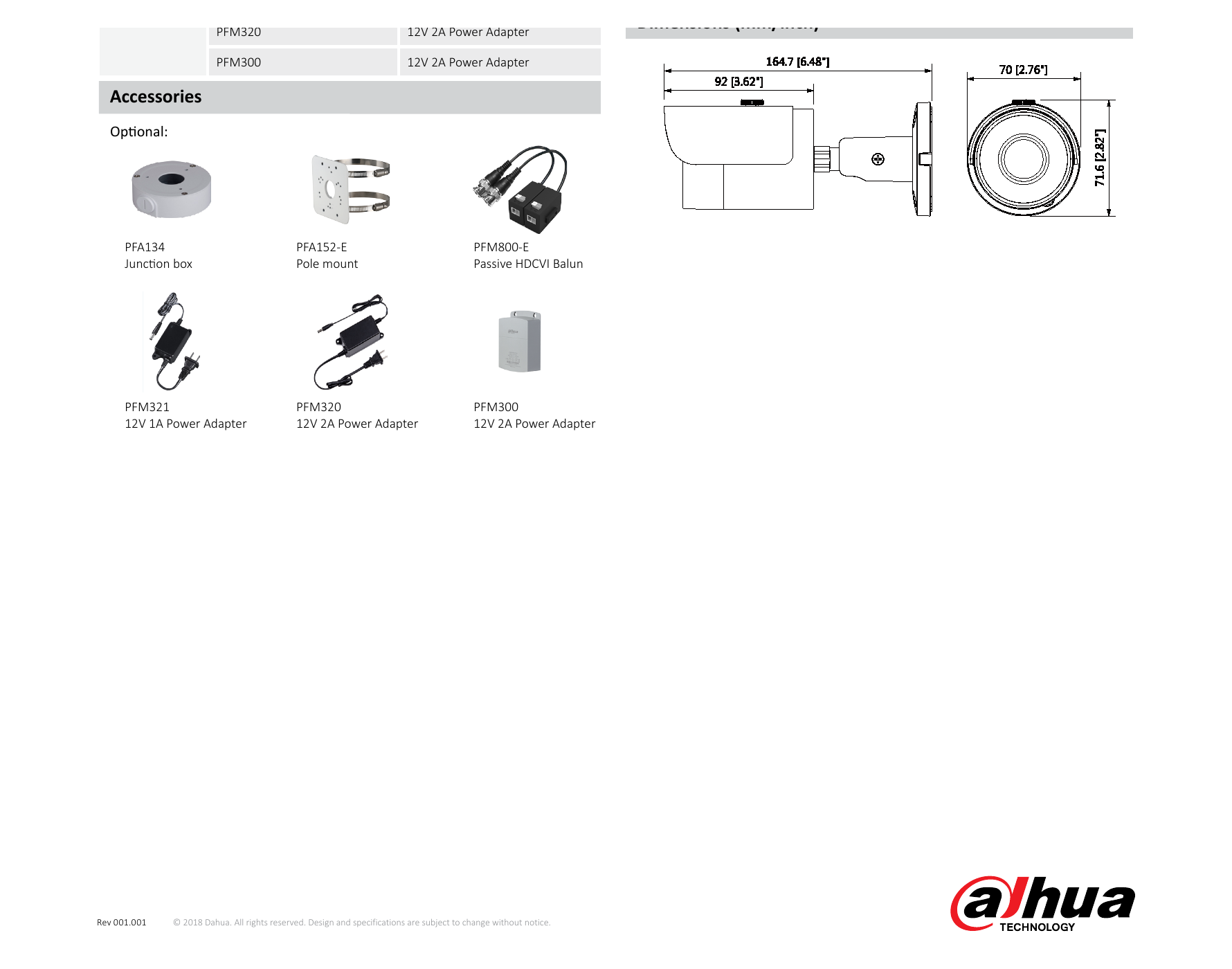 DH-HAC-HFW2501S 外形尺寸圖 164.7mm×70mm×71.6mm (6.48"×2.76"×2.82") 2.8mm:56m(184ft)｜Unit: mm