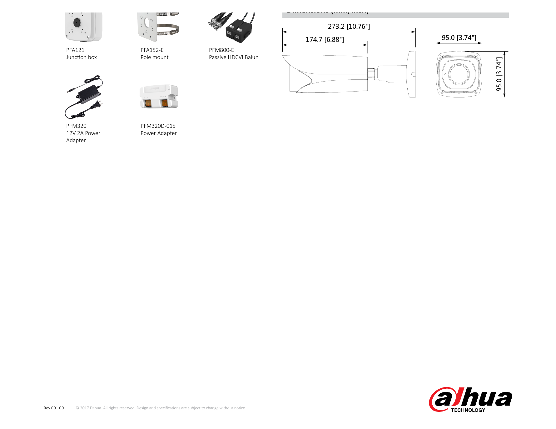 DH-HAC-HFW3231E-Z 外形尺寸圖 273.2mm×95.0mm×95.0mm (10.76"×3.74"×3.74")｜Unit: mm