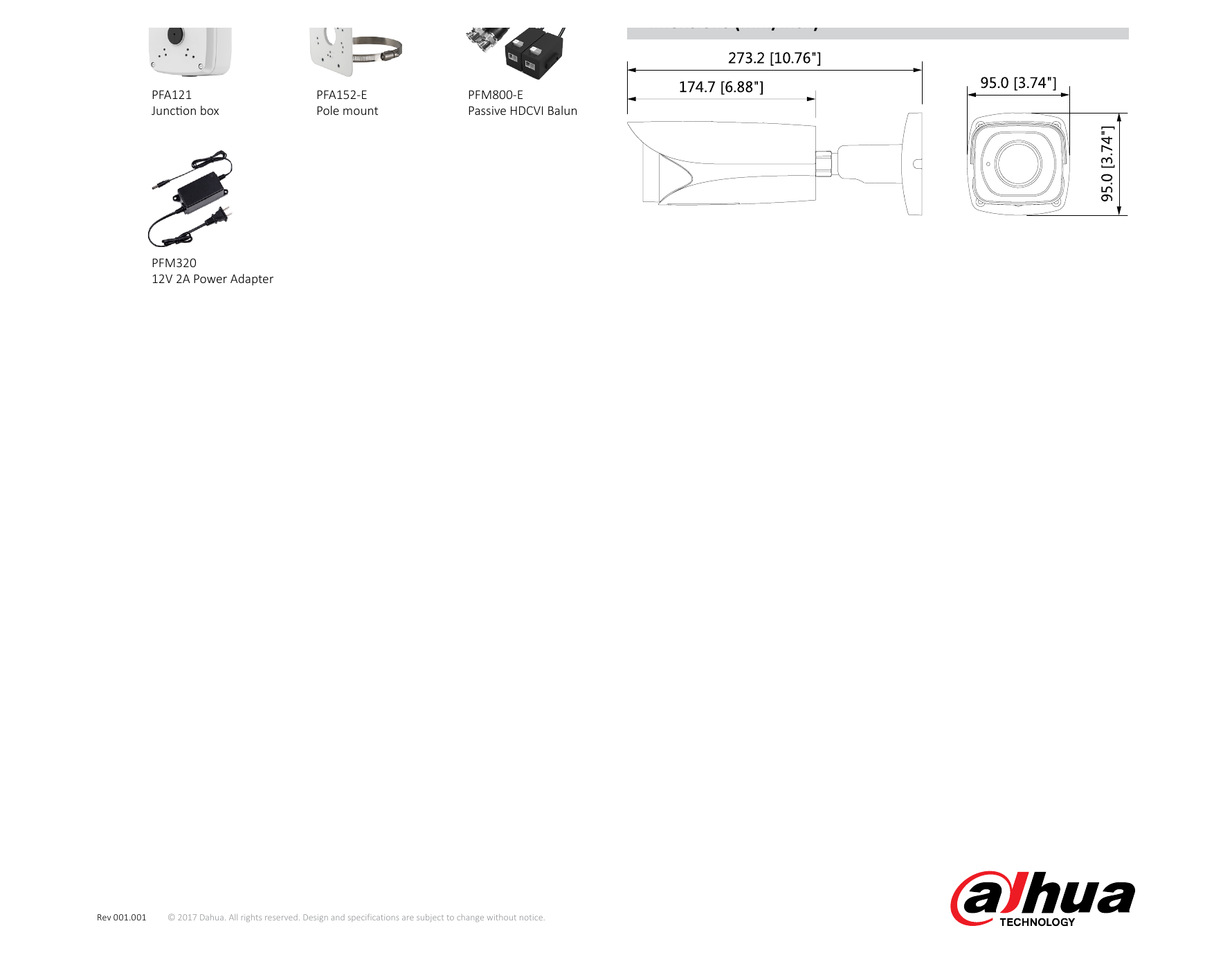 DH-HAC-HFW3231E-ZH 外形尺寸圖 273.2mm×95.0mm×95.0mm (10.76"×3.74"×3.74")｜Unit: mm
