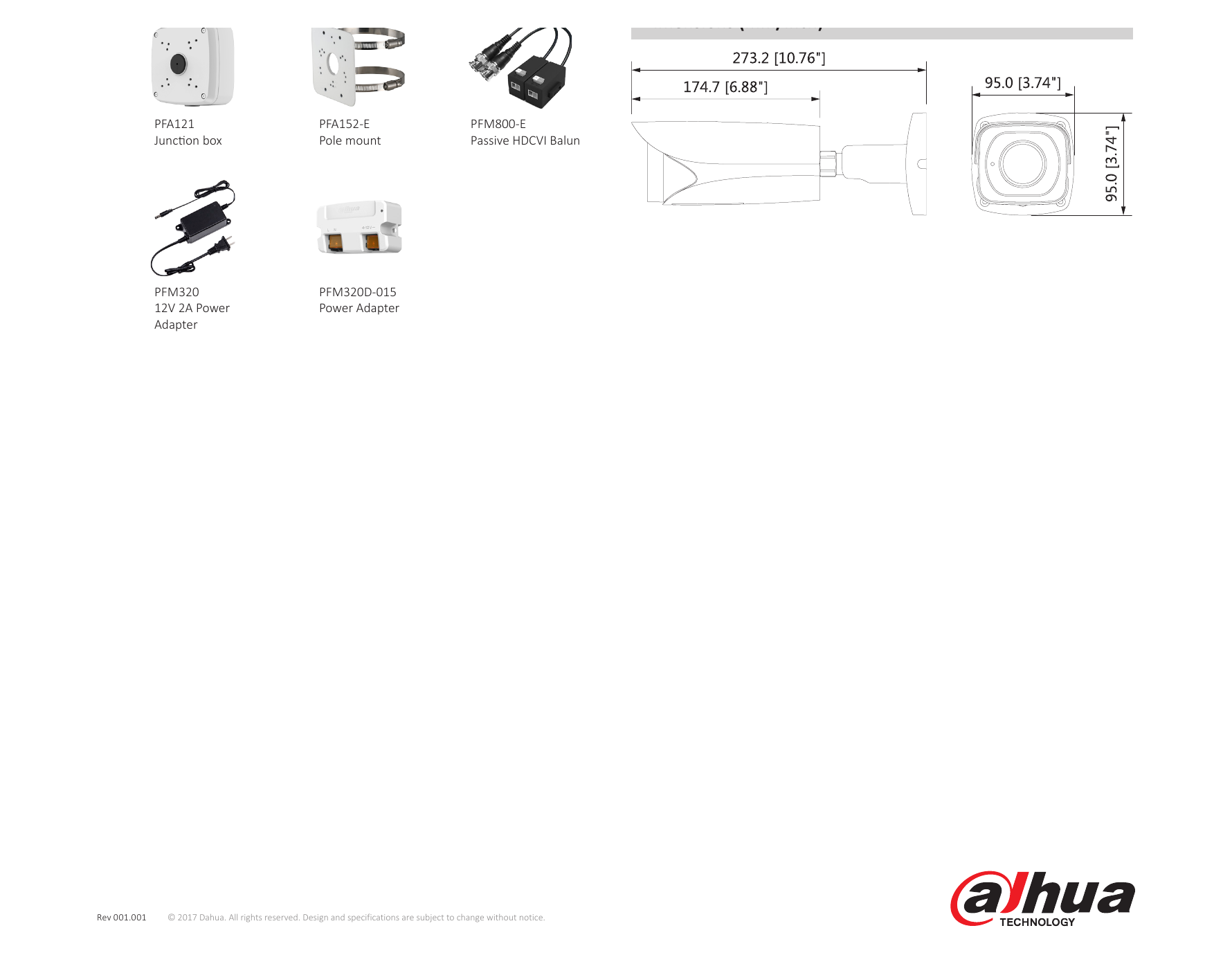 DH-HAC-HFW3231E-ZT 外形尺寸圖 273.2mm×95.0mm×95.0mm (10.76"×3.74"×3.74")｜Unit: mm