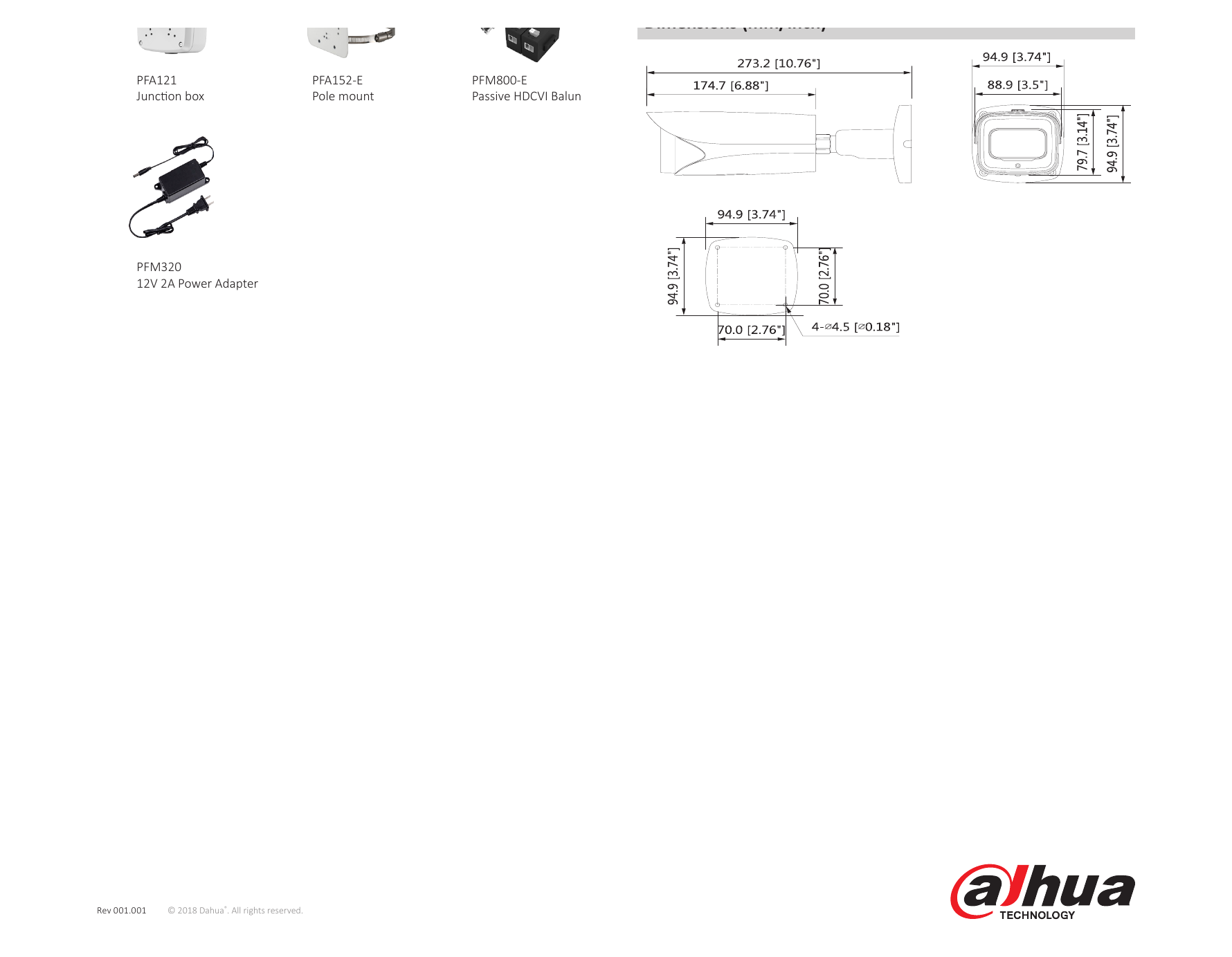 DH-HAC-HFW3802E-Z-VP 外形尺寸圖 273.2mm×95.0mm×95.0mm (10.76"×3.74"×3.74")｜Unit: mm