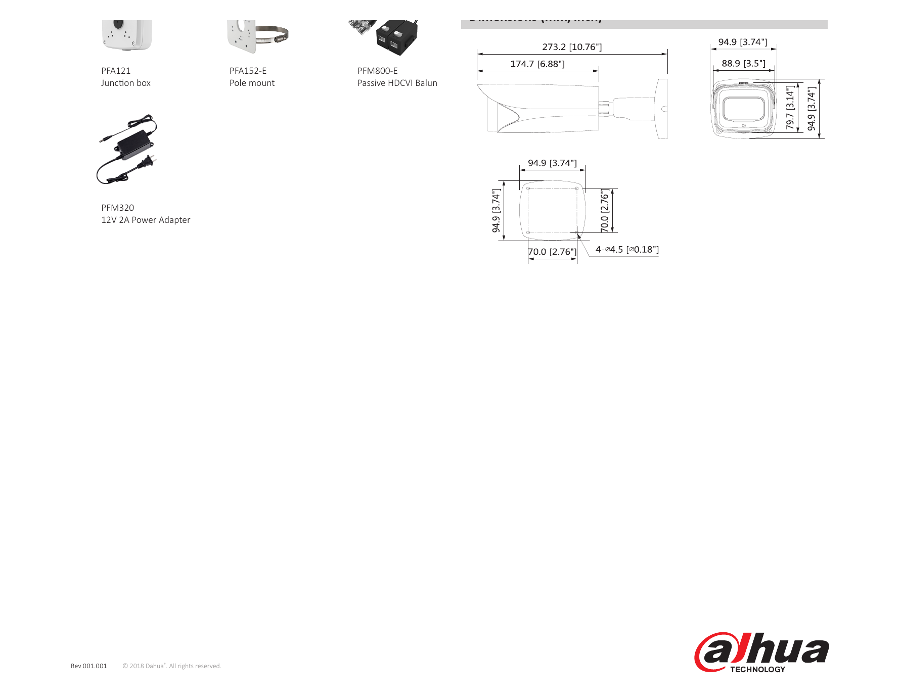 DH-HAC-HFW3802E-ZH-VP 外形尺寸圖 273.2mm×95.0mm×95.0mm (10.76"×3.74"×3.74")｜Unit: mm