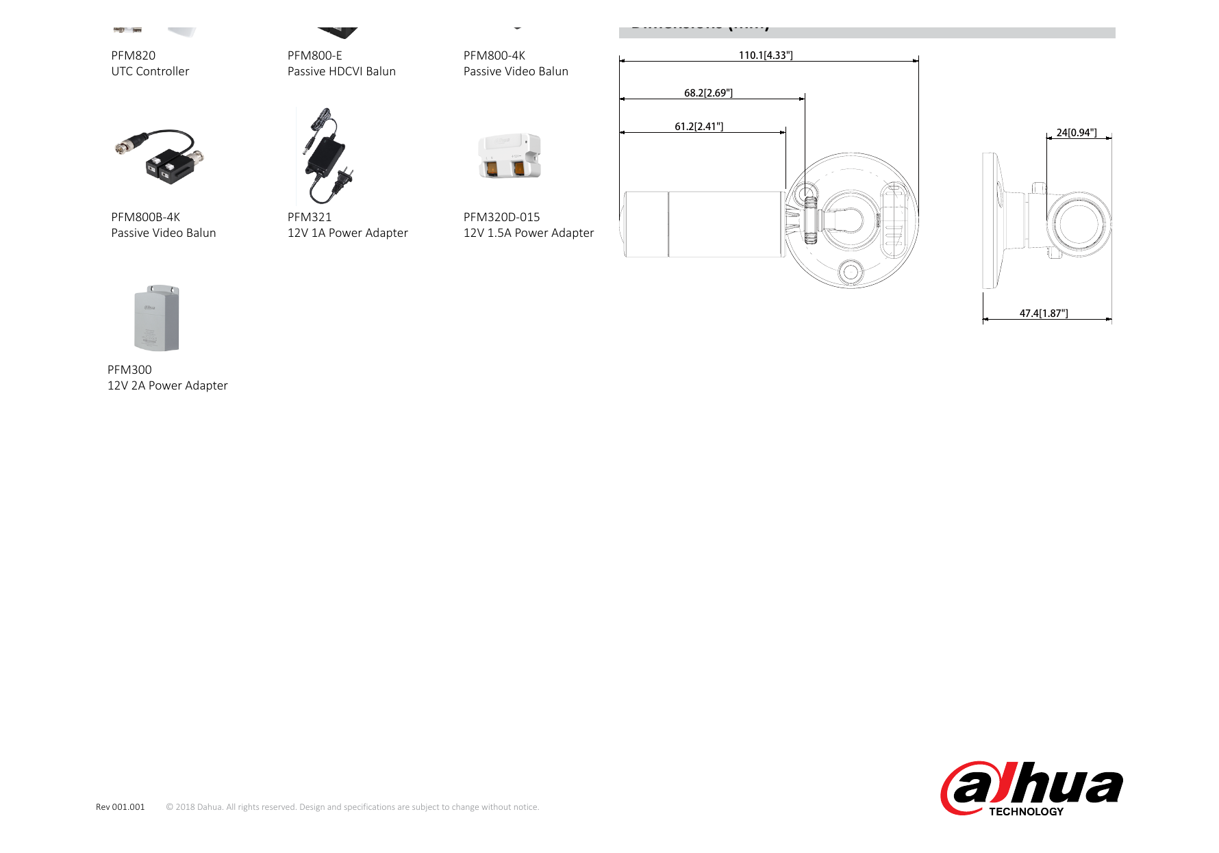 DH-HAC-HUM1220G-B 外形尺寸圖 110.1mm×50mm×47.4mm (4.33"×1.97"×1.87") Distance｜Unit: mm