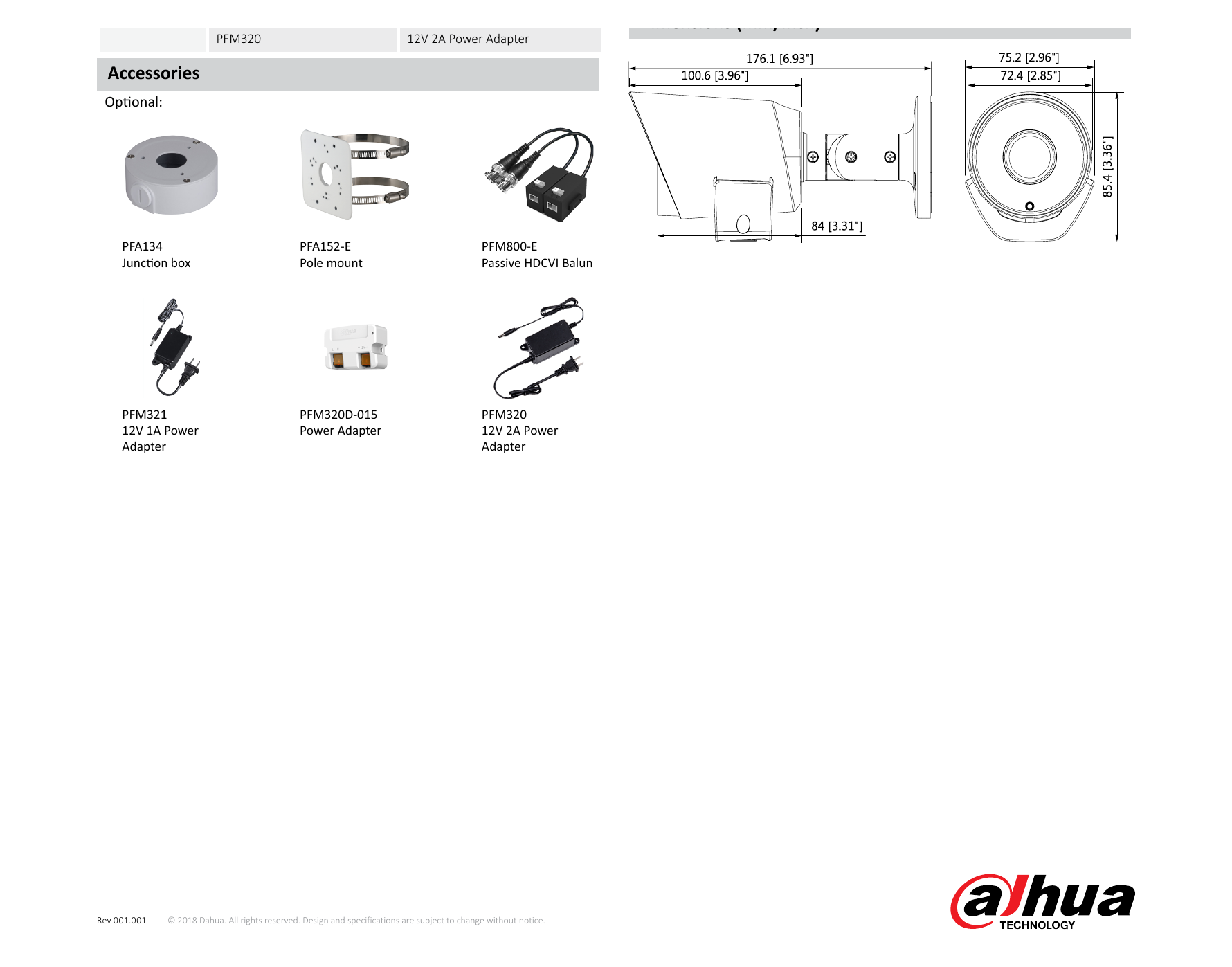 DH-HAC-LC1220T-TH 外形尺寸圖 176.1mm×85.4mm×75.2mm (6.93"×3.36"×2.96") 2.8mm: 4m(14ft) 250ppm｜Unit: mm