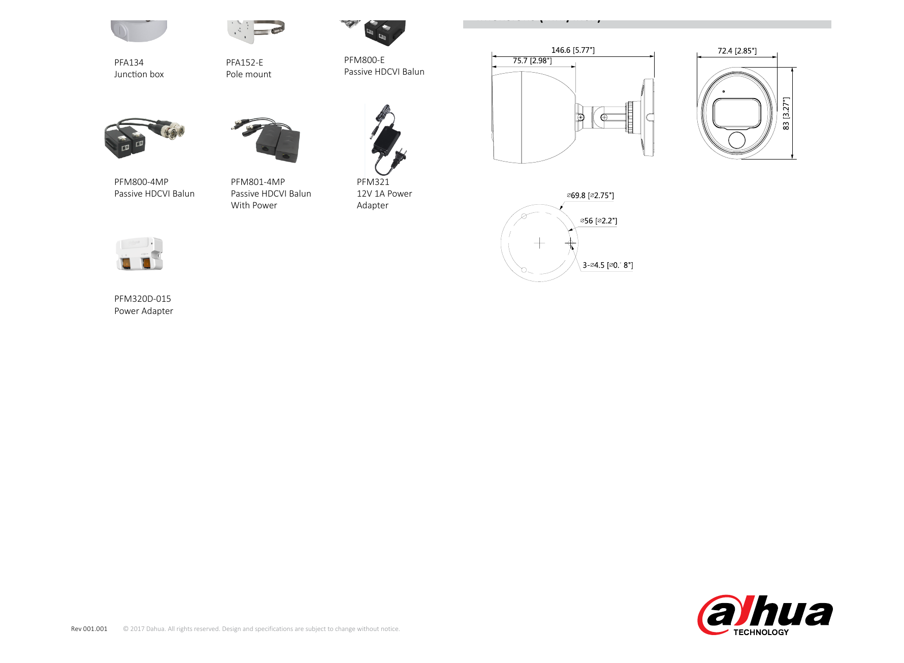DH-HAC-ME1200B-PIR 外形尺寸圖 146.6mm×72.4mm×83mm (5.77"×2.85"×3.27") 250ppm｜Unit: mm