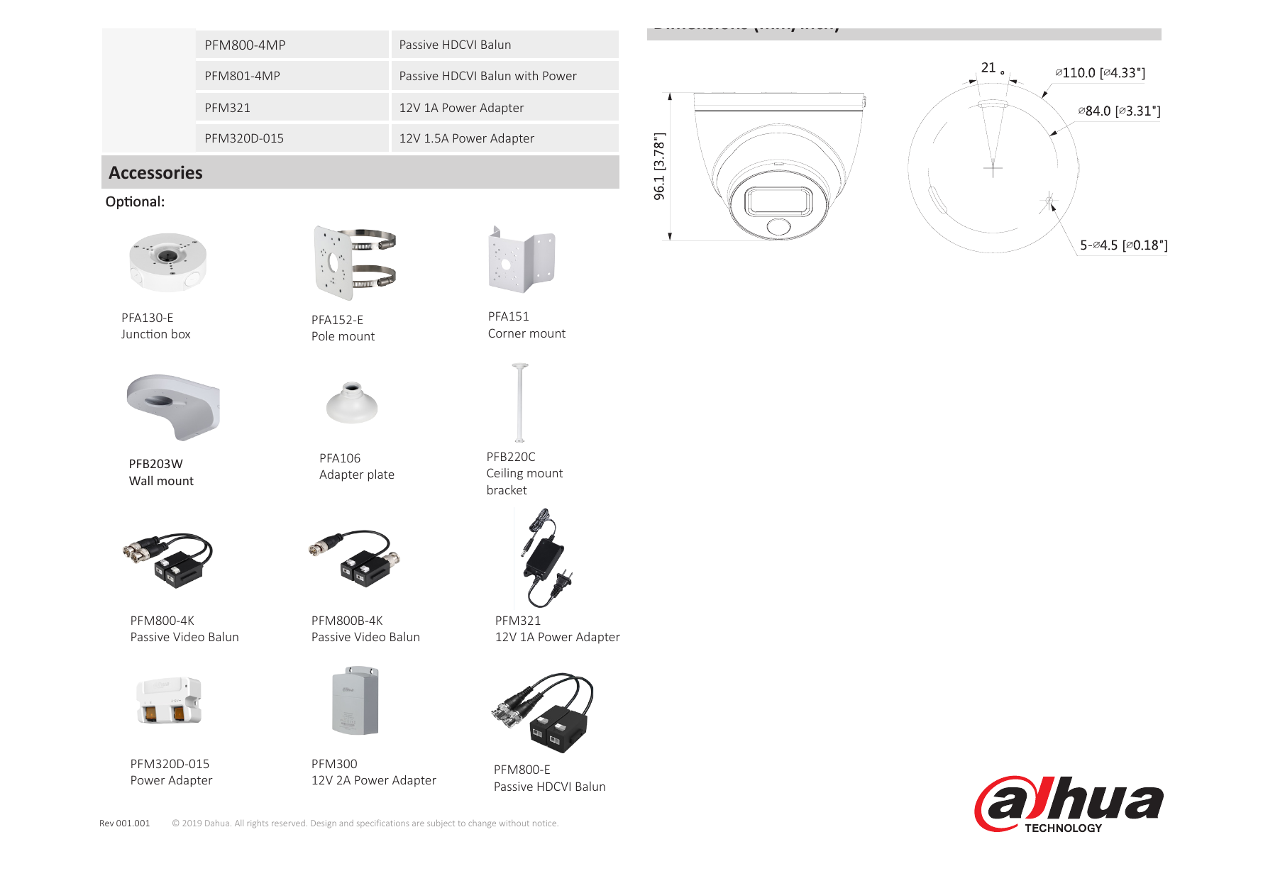 DH-HAC-ME1200E-LED 外形尺寸圖 Φ110mm×96.1mm(Φ4.33"×3.78") 250ppm 2.8mm: 4m(12ft) Identify (76px/ft) 3.6mm: 5m(17ft)｜Unit: mm