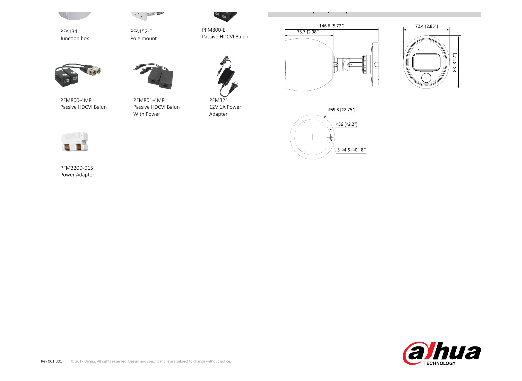 DH-HAC-ME1400B-PIR 外形尺寸圖 146.6mm×72.4mm×83mm (5.77"×2.85"×3.27") 250ppm｜Unit: mm