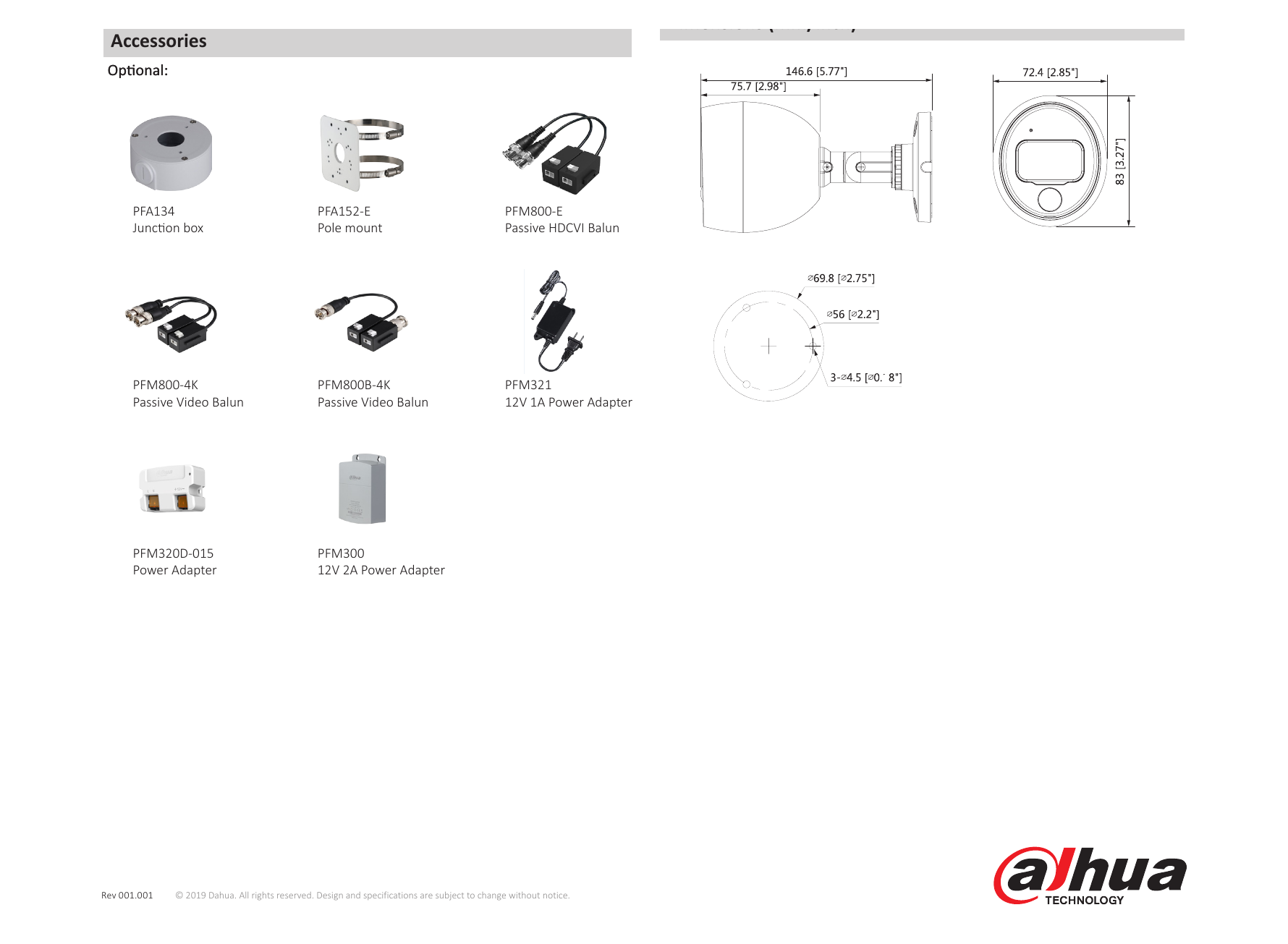 DH-HAC-ME1500B-LED 外形尺寸圖 146.6mm×72.4mm×83mm (5.77"×2.85"×3.27") 250ppm 2.8mm: 6m(18ft) Identify (76px/ft) 3.6mm: 8m(26ft)｜Unit: mm