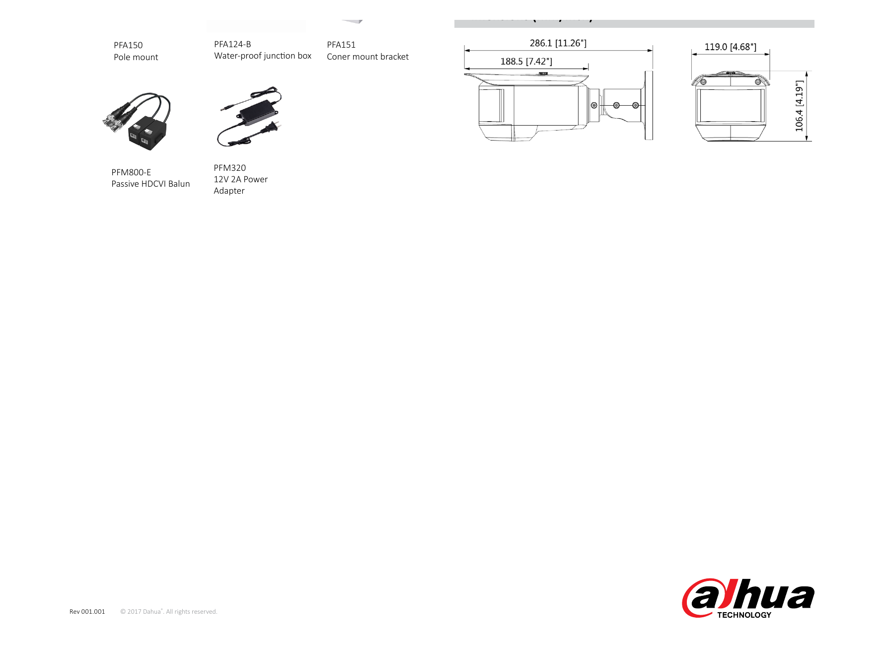 DH-HAC-PFW3601-A180-AC24 外形尺寸圖 286mm x 119mmx 106mm(11.26"×4.68"×4.19") Pan / Tilt / Rotation｜Unit: mm