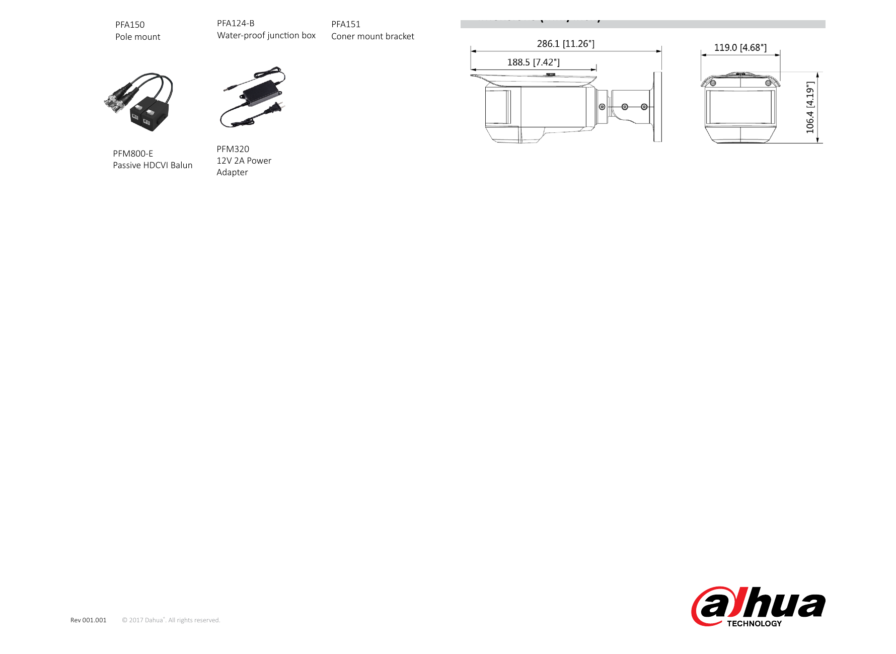 DH-HAC-PFW3601-A180 外形尺寸圖 286mm x 119mmx 106mm(11.26"×4.68"×4.19")｜Unit: mm