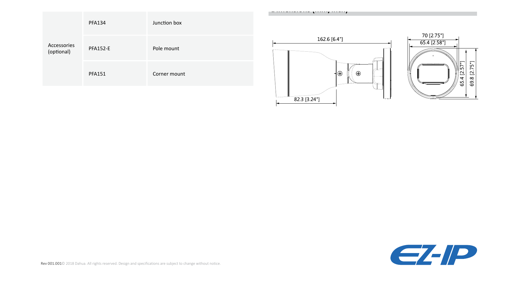 DH-IPC-B1B20 外形尺寸圖 Φ70mm×162.6mm(2.76''x6.49'')｜Unit: mm