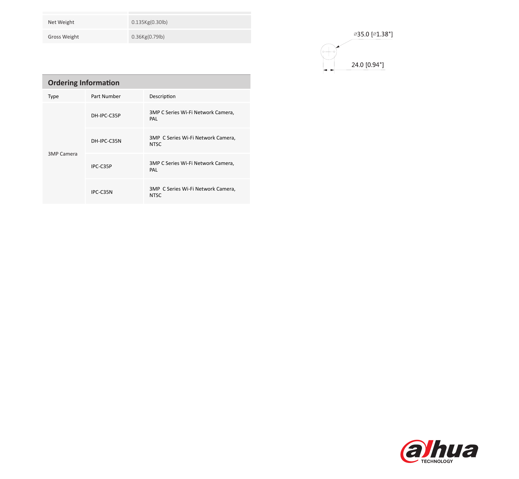 DH-IPC-C35 外形尺寸圖 64.4mm*55.7mm*107mm(2.54'’ x2.19’’x4.21’’)｜Unit: mm