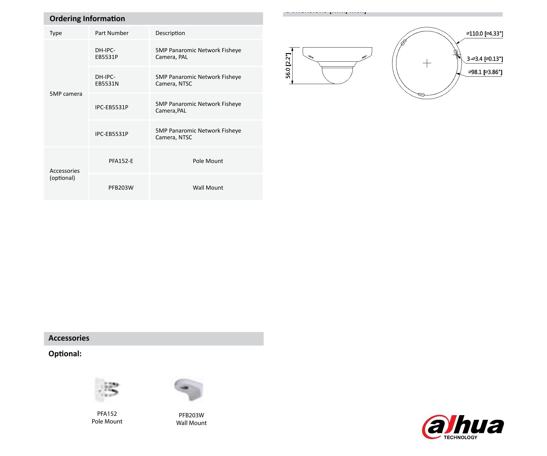 DH-IPC-EB5531 外形尺寸圖 Φ110mm×56mm (4.33”×2.2”)｜Unit: mm