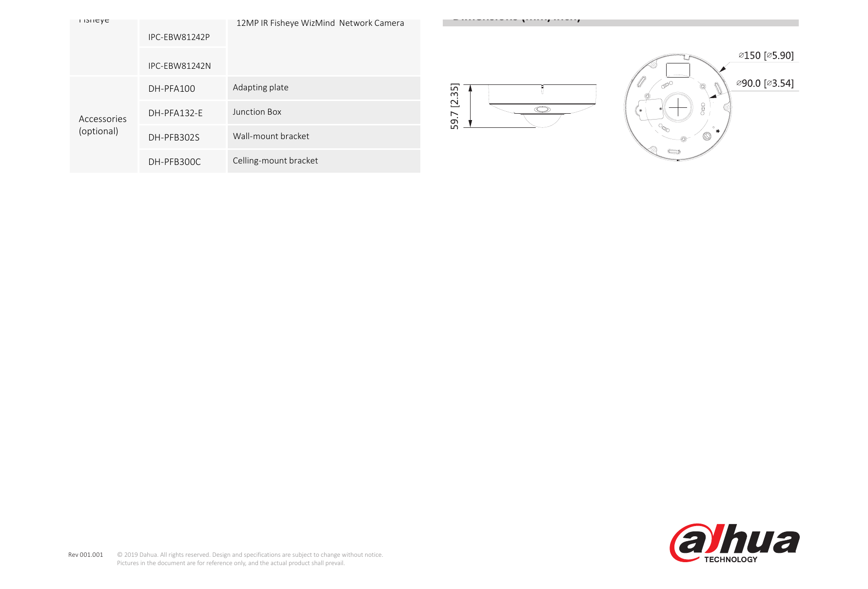 DH-IPC-EBW81242 外形尺寸圖 59.8 mm × Φ149.8 mm (2.35'' × Φ5.9'')｜Unit: mm