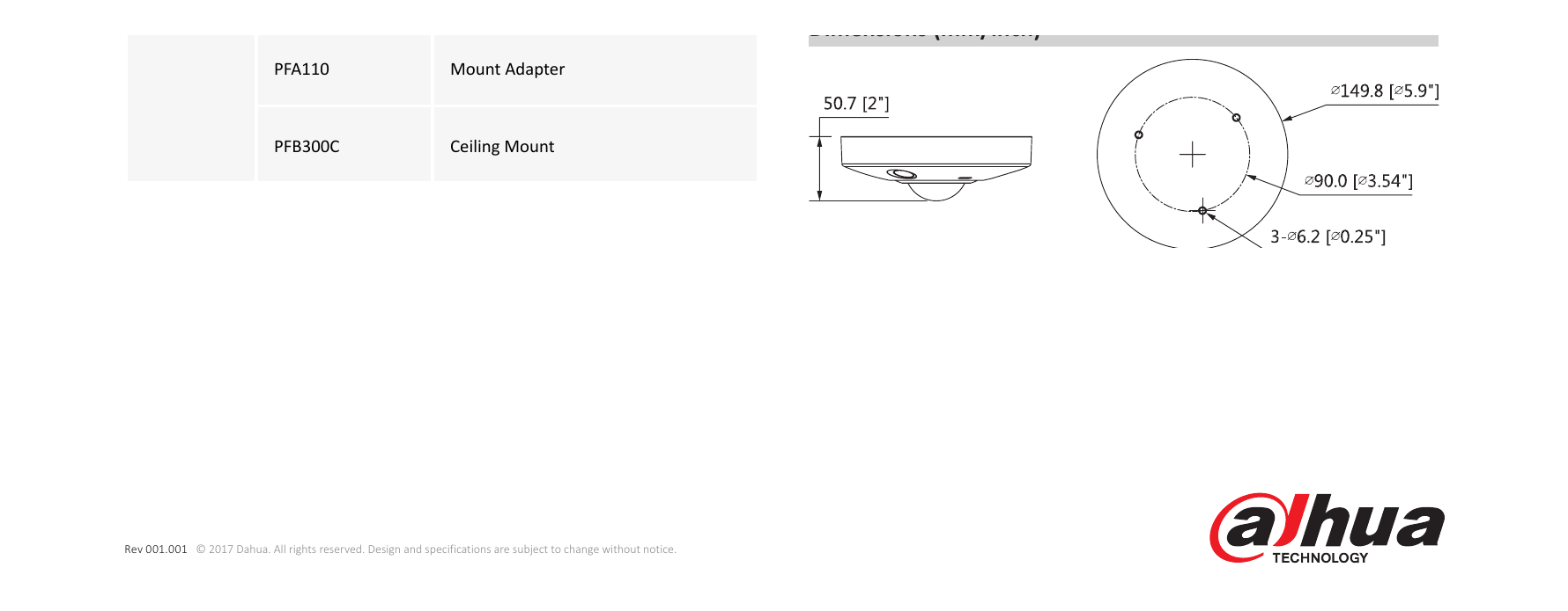 DH-IPC-EBW8630 外形尺寸圖 Φ149.8mm×50.7mm(Φ5.9”×2”)｜Unit: mm