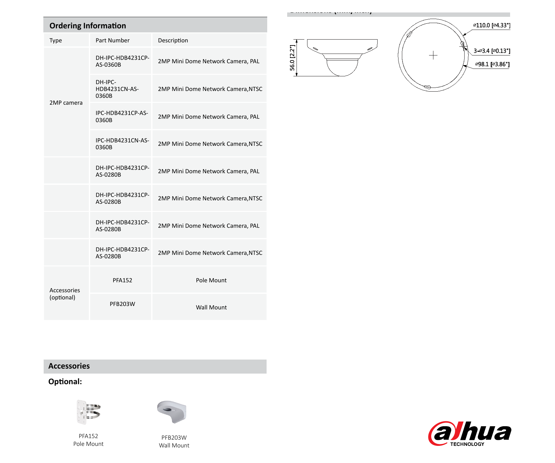 DH-IPC-HDB4231C-AS 外形尺寸圖 Φ110mm×56mm (4.33”×2.2”)｜Unit: mm