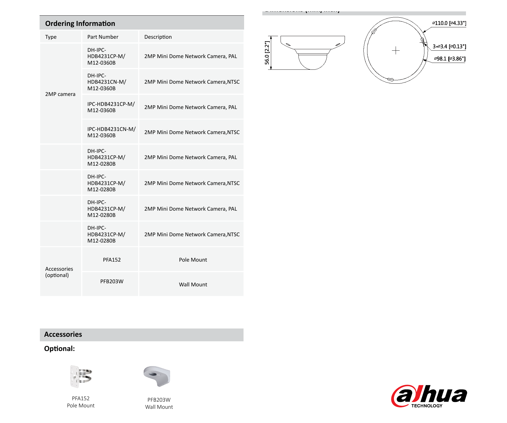 DH-IPC-HDB4231C-M-M12 外形尺寸圖 Φ110mm×56mm (4.33”×2.2”)｜Unit: mm