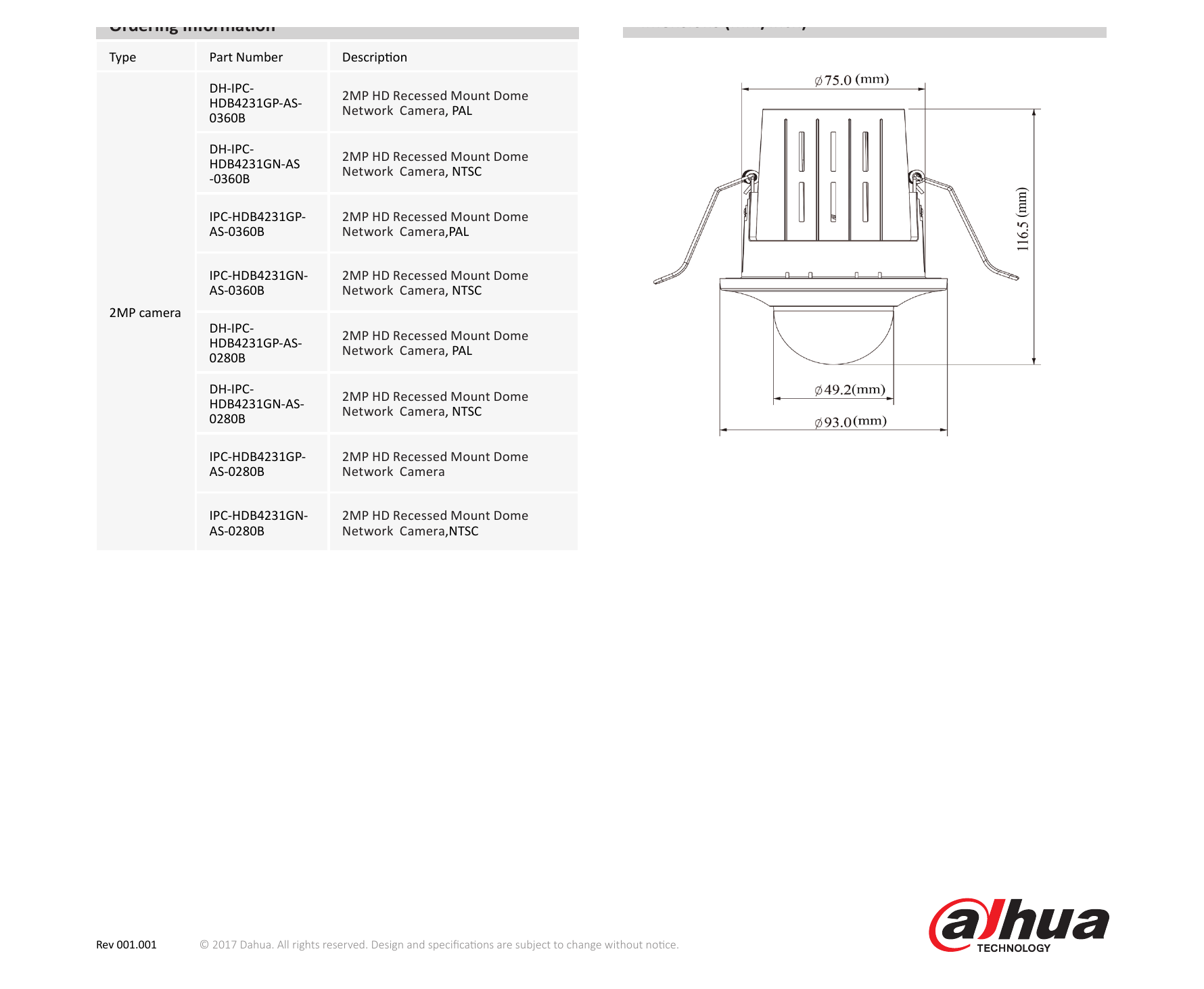 DH-IPC-HDB4231G-AS 外形尺寸圖 Φ93mm×116.5mm (3.65”×4.58”)｜Unit: mm