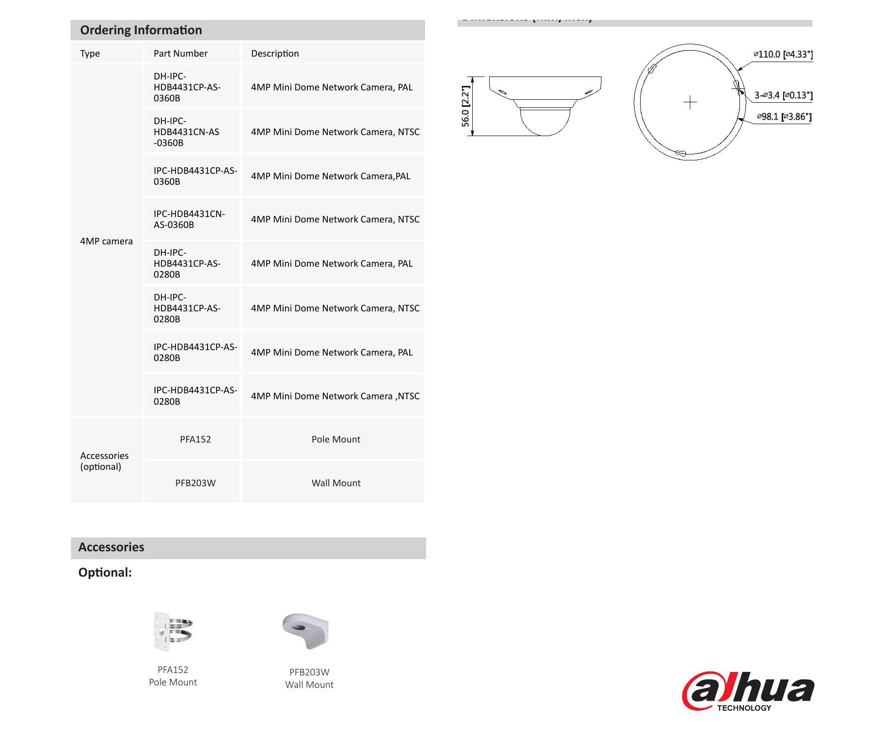 DH-IPC-HDB4431C-AS 外形尺寸圖 Φ110mm×56mm (4.33”×2.2”)｜Unit: mm