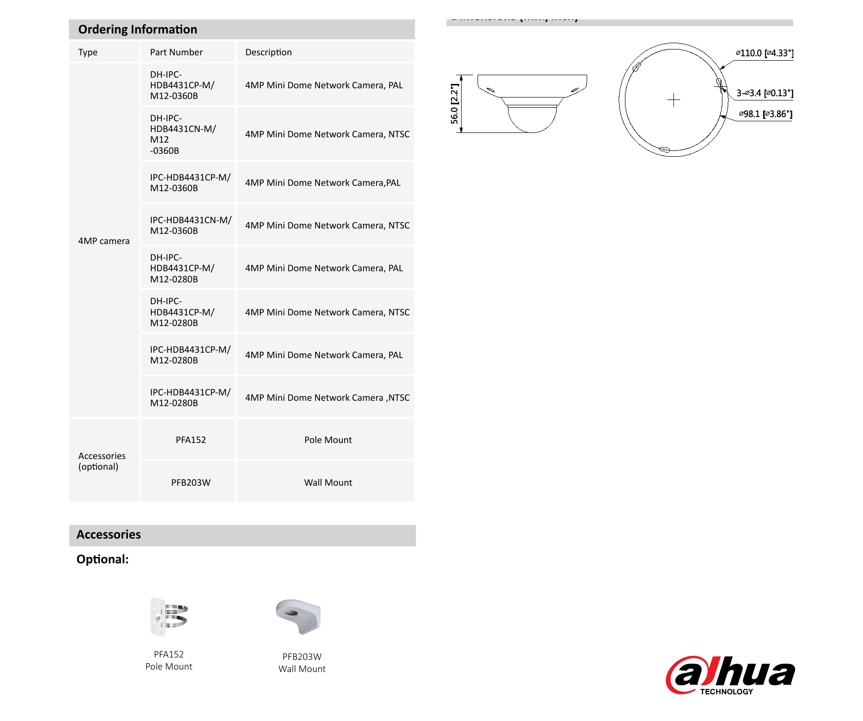 DH-IPC-HDB4431C-M-M12 外形尺寸圖 Φ110mm×56mm (4.33”×2.2”)｜Unit: mm