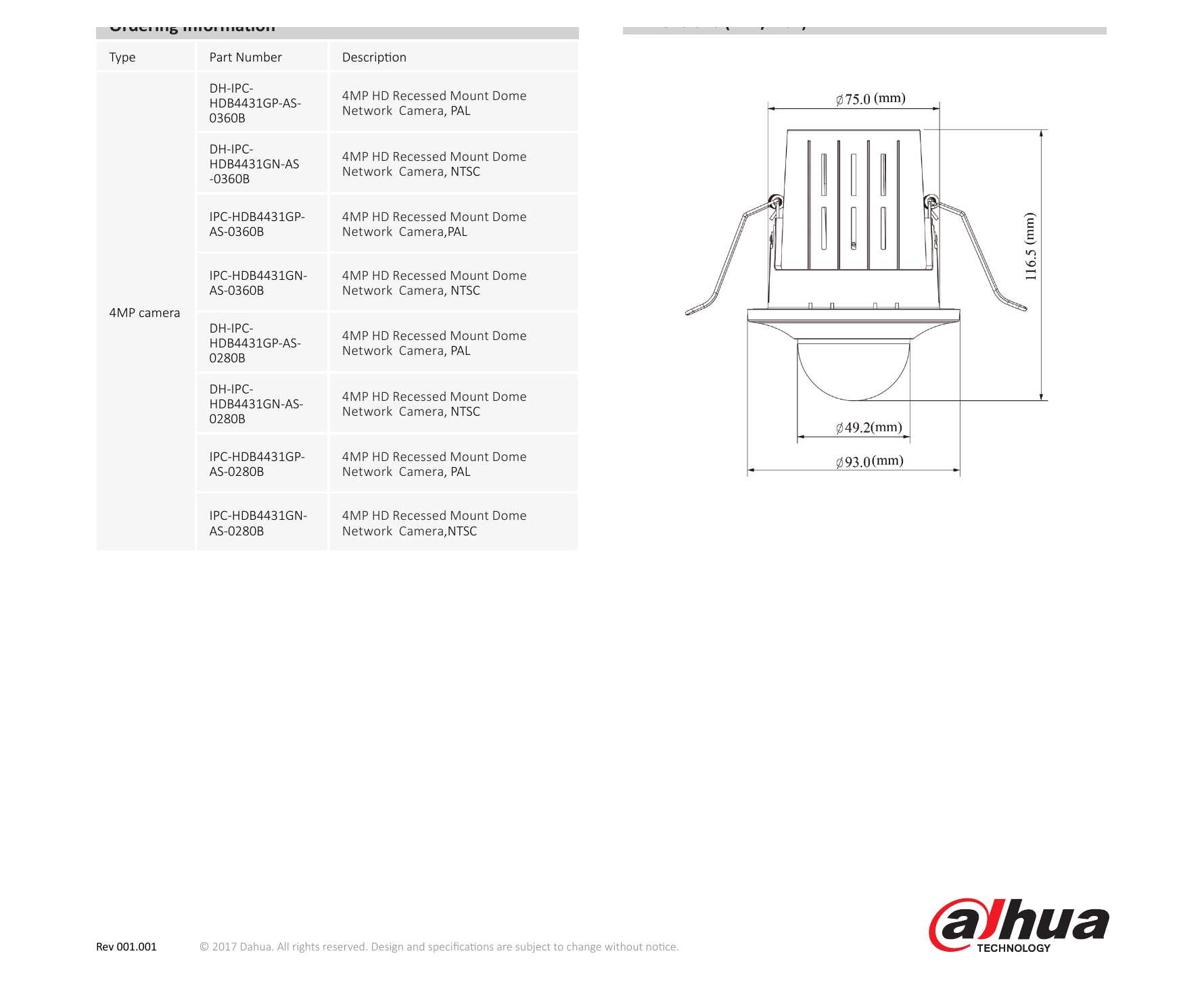 DH-IPC-HDB4431G-AS 外形尺寸圖 Φ93mm×116.5mm (3.65”×4.58”)｜Unit: mm