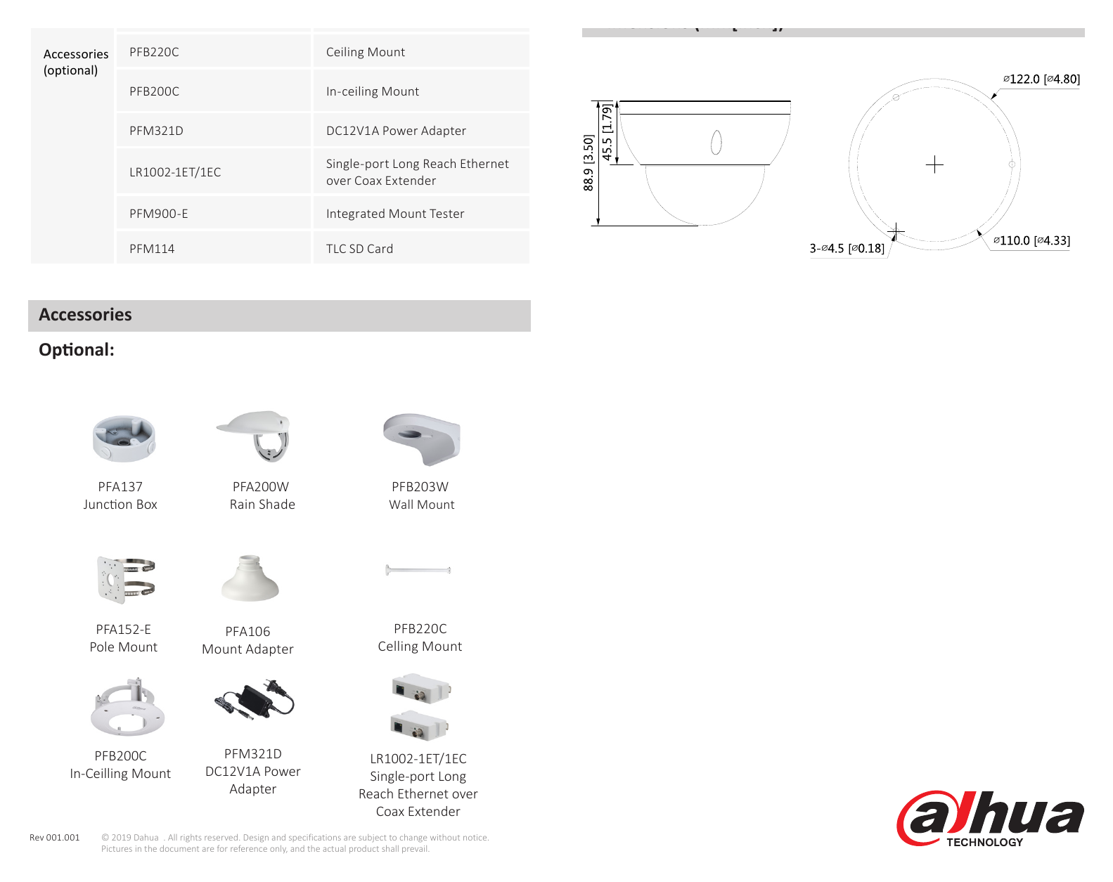 DH-IPC-HDBW1230R-ZS-S4-DATASHEET-191106 外形尺寸圖 88.9 mm × Φ122 mm (3.5" × Φ4.8") PFM900-E PFM114｜Unit: mm