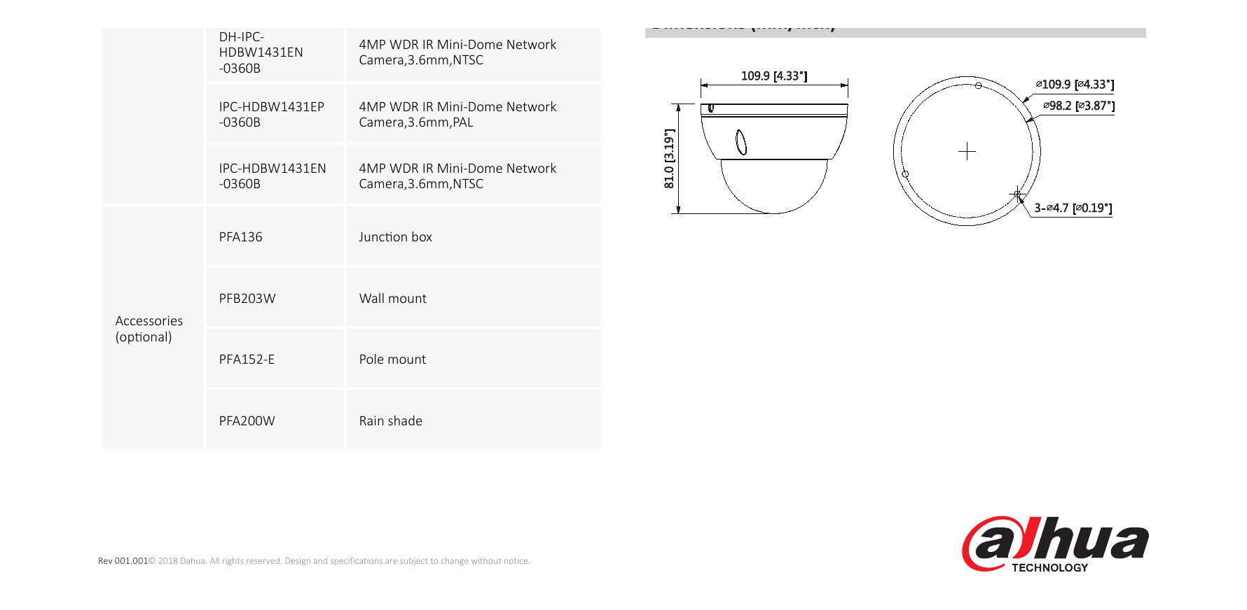 DH-IPC-HDBW1431E 外形尺寸圖 Φ109.9mm × 81mm (4.33" x 3.19")｜Unit: mm
