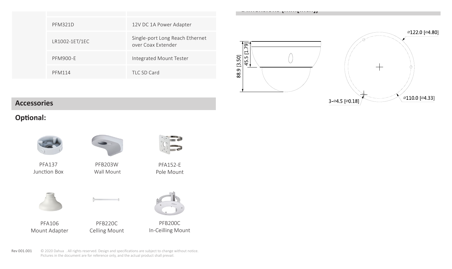 DH-IPC-HDBW1431R-ZS-S4 外形尺寸圖 88.9 mm × Φ122 mm (3.5" × Φ4.8") PFM114 TLC SD card｜Unit: mm