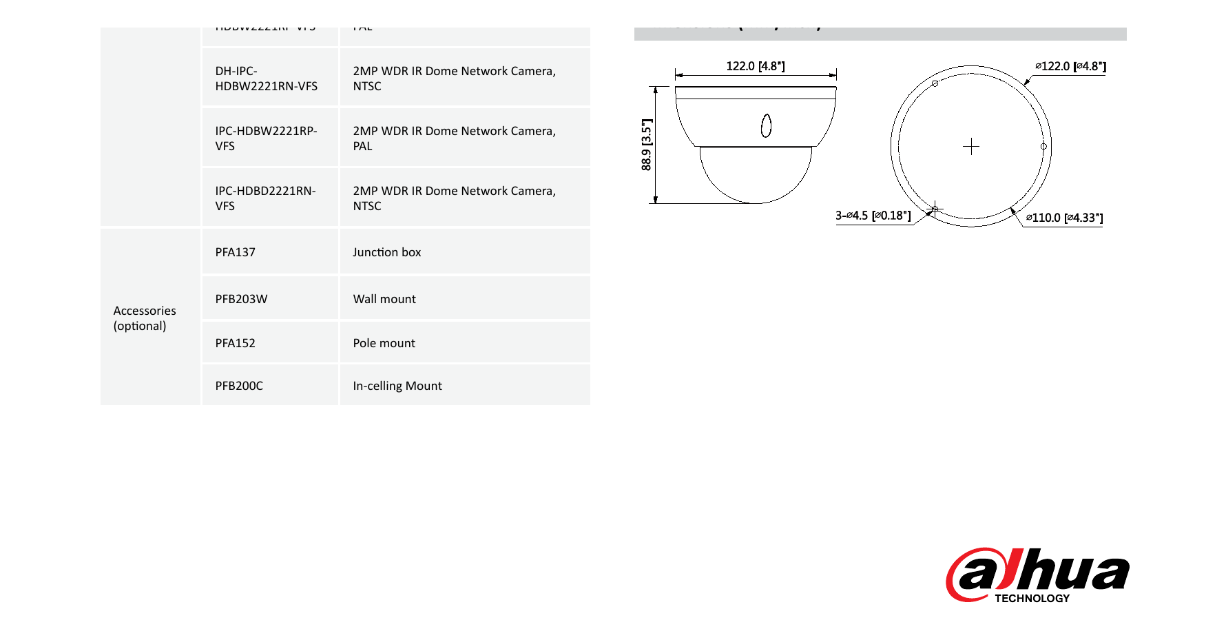 DH-IPC-HDBW2221R-ZSVFS 外形尺寸圖 φ122mm×88.9mm(4.80''x3.50'') PFA137 PFB200C｜Unit: mm