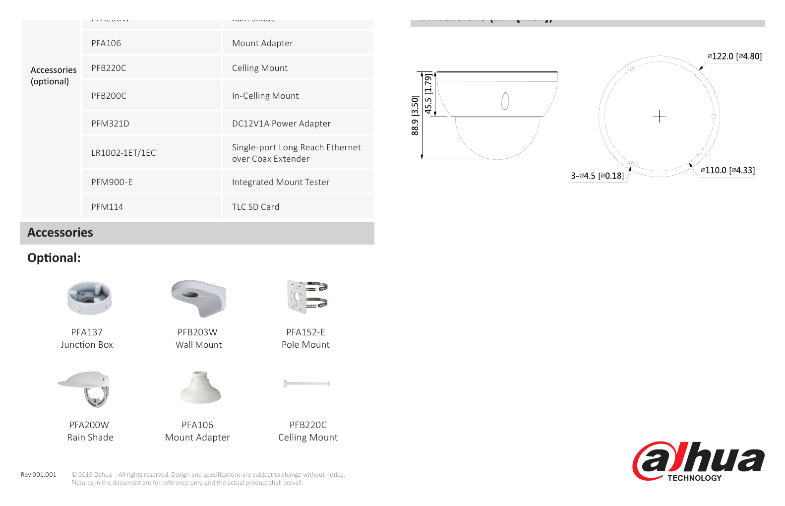 DH-IPC-HDBW2231R-ZAS-S2-DATASHEET-191011 外形尺寸圖 Φ122 mm × 88.9 mm (Φ4.80" × 3.50")｜Unit: mm