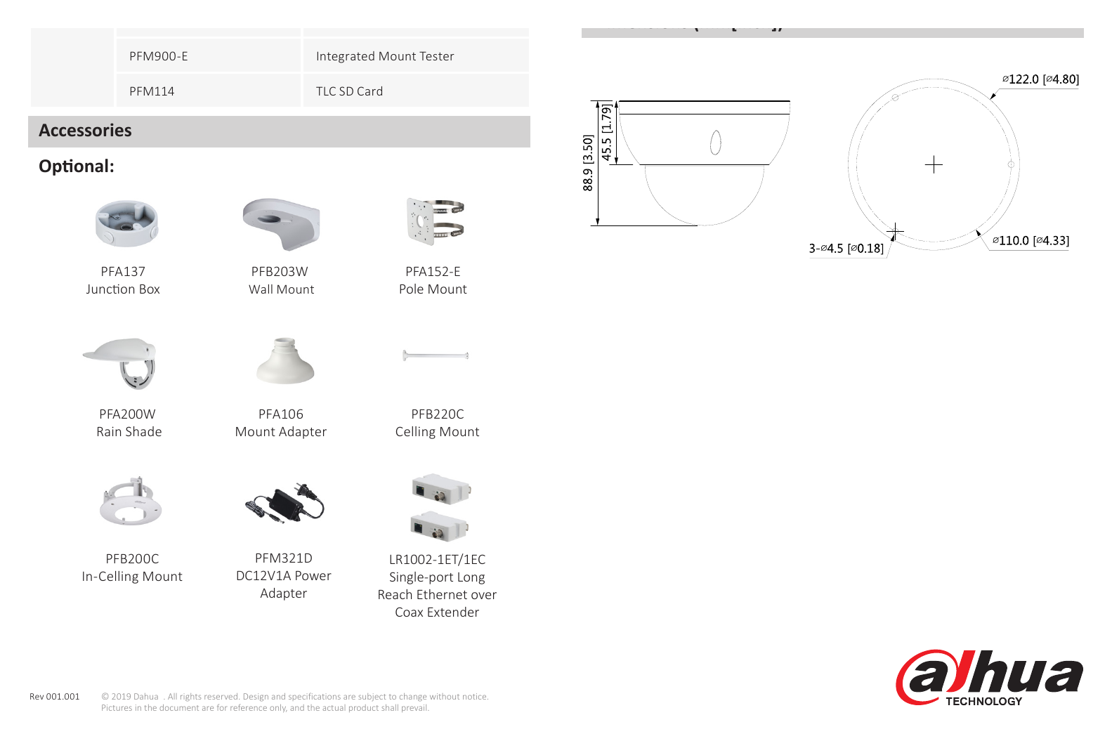 DH-IPC-HDBW2231R-ZS-S2-DATASHEET-191011 外形尺寸圖 Φ122 mm × 88.9 mm (Φ4.80" × 3.50")｜Unit: mm