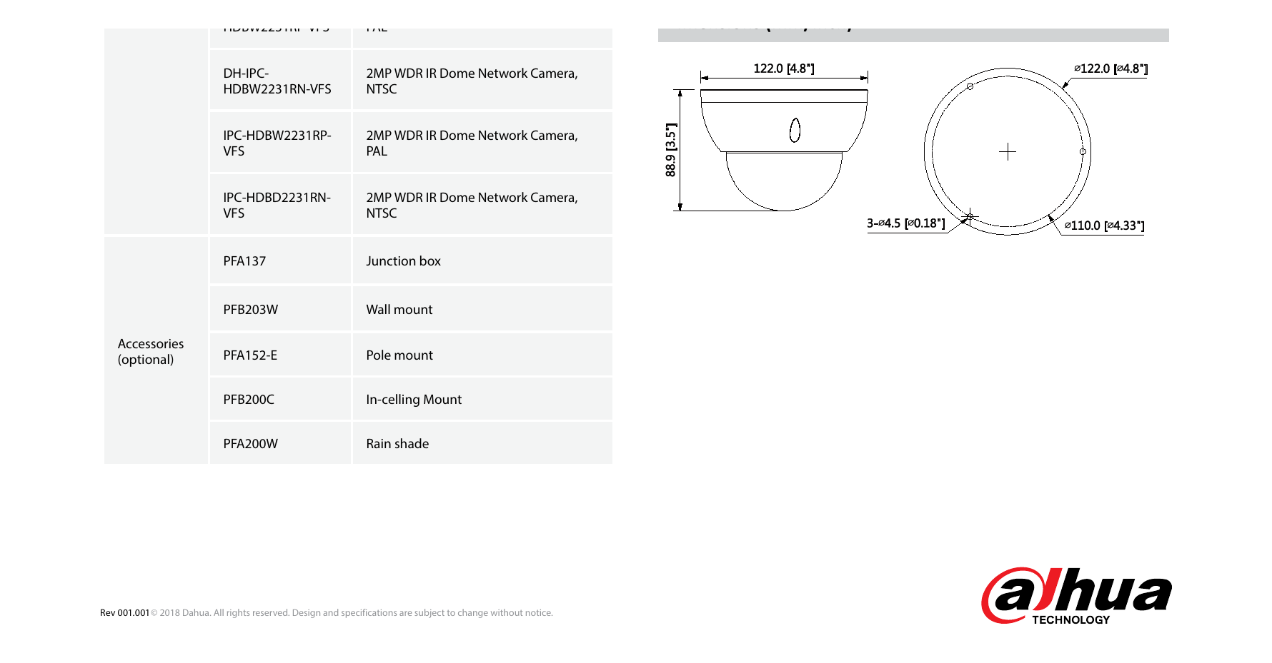 DH-IPC-HDBW2231R-ZSVFS 外形尺寸圖 φ122mm×88.9mm(4.80''x3.50'') PFA137 PFB200C｜Unit: mm