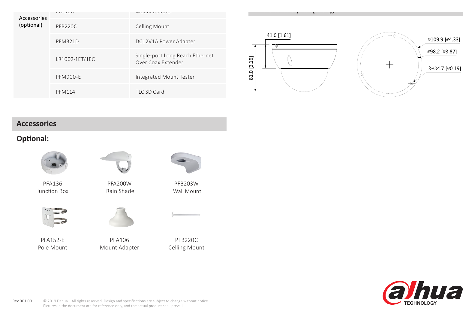 DH-IPC-HDBW2431E-S-S2-DATASHEET-191011 外形尺寸圖 81 mm × Φ109.9 mm (3.19" × Φ4.33") PFM114｜Unit: mm