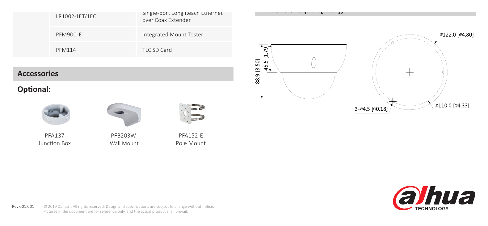 DH-IPC-HDBW2431R-ZAS-S2-DATASHEET-191011 外形尺寸圖 Φ122 mm × 88.9 mm (Φ4.80" × 3.50")｜Unit: mm