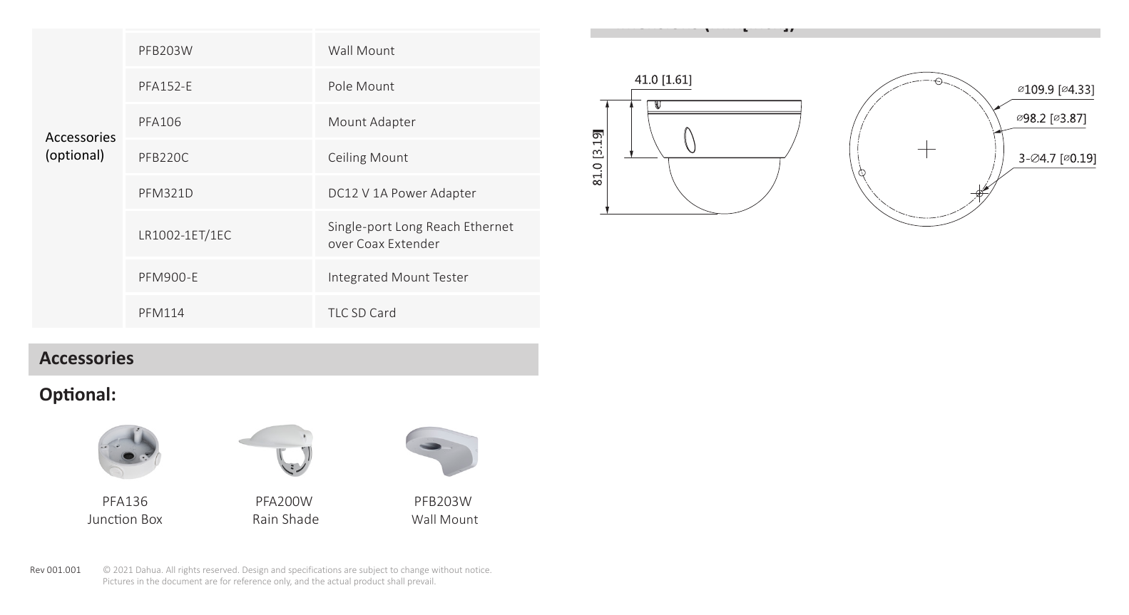 DH-IPC-HDBW2531EP-S-S2 外形尺寸圖 81 mm × Φ109.9 mm (3.19" × Φ4.33") PFA136 PFA136+PFA200W PFB203W PFB203W+PFA152-E｜Unit: mm