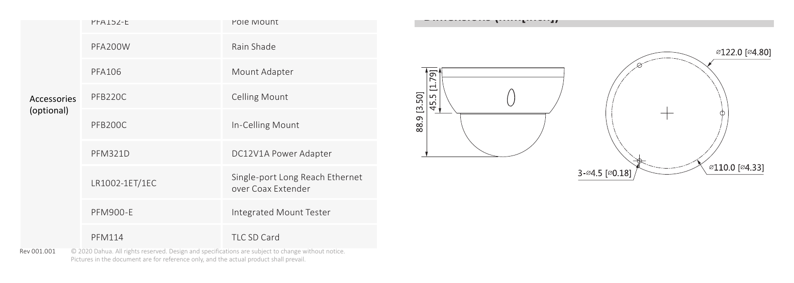 DH-IPC-HDBW2831R-ZAS-S2 外形尺寸圖 Φ122 mm × 88.9 mm (Φ4.80" × 3.50")｜Unit: mm