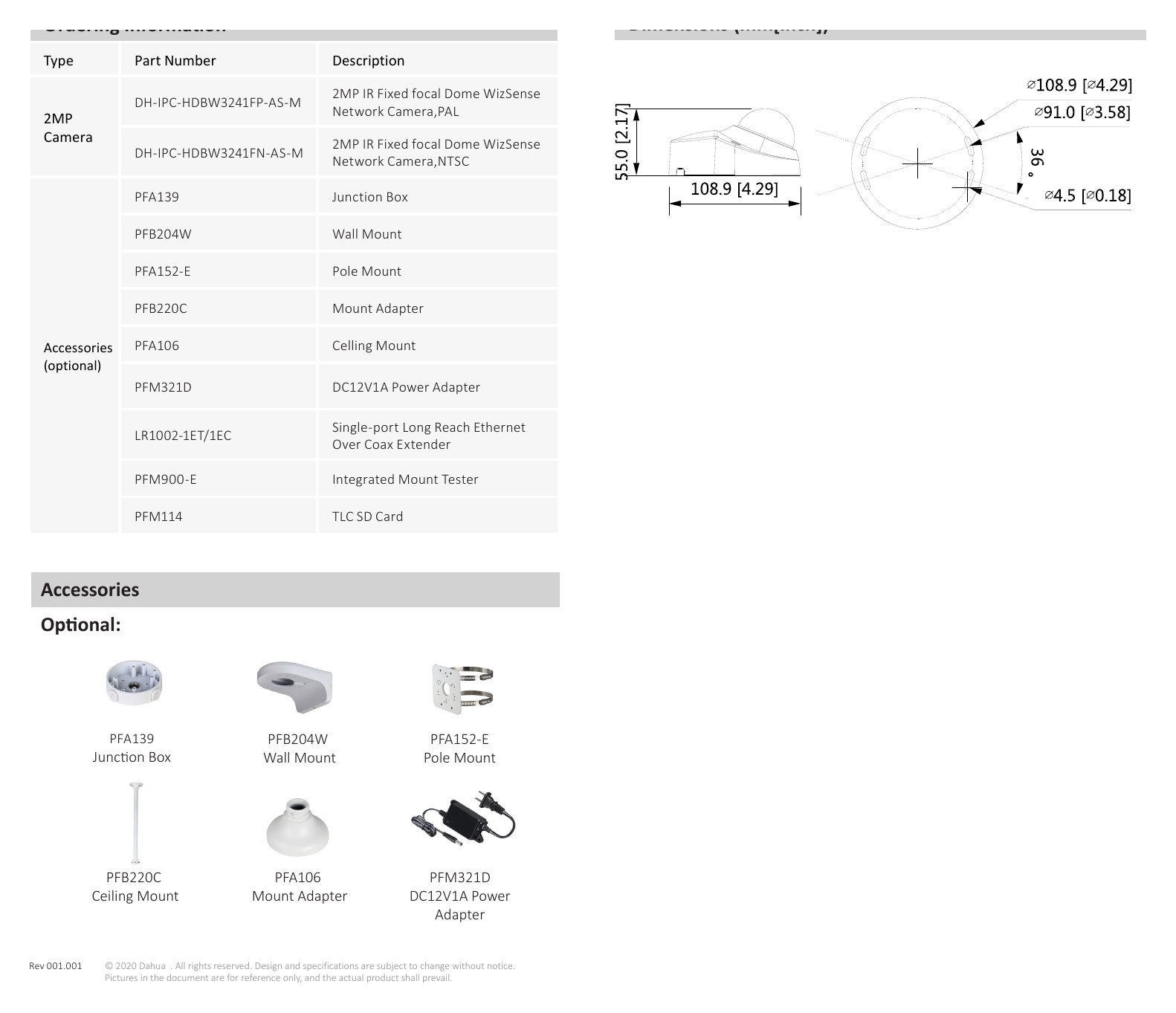 DH-IPC-HDBW3241F-AS-M 外形尺寸圖 55 mm × Φ108.9 mm (2.2" × Φ4.3")｜Unit: mm