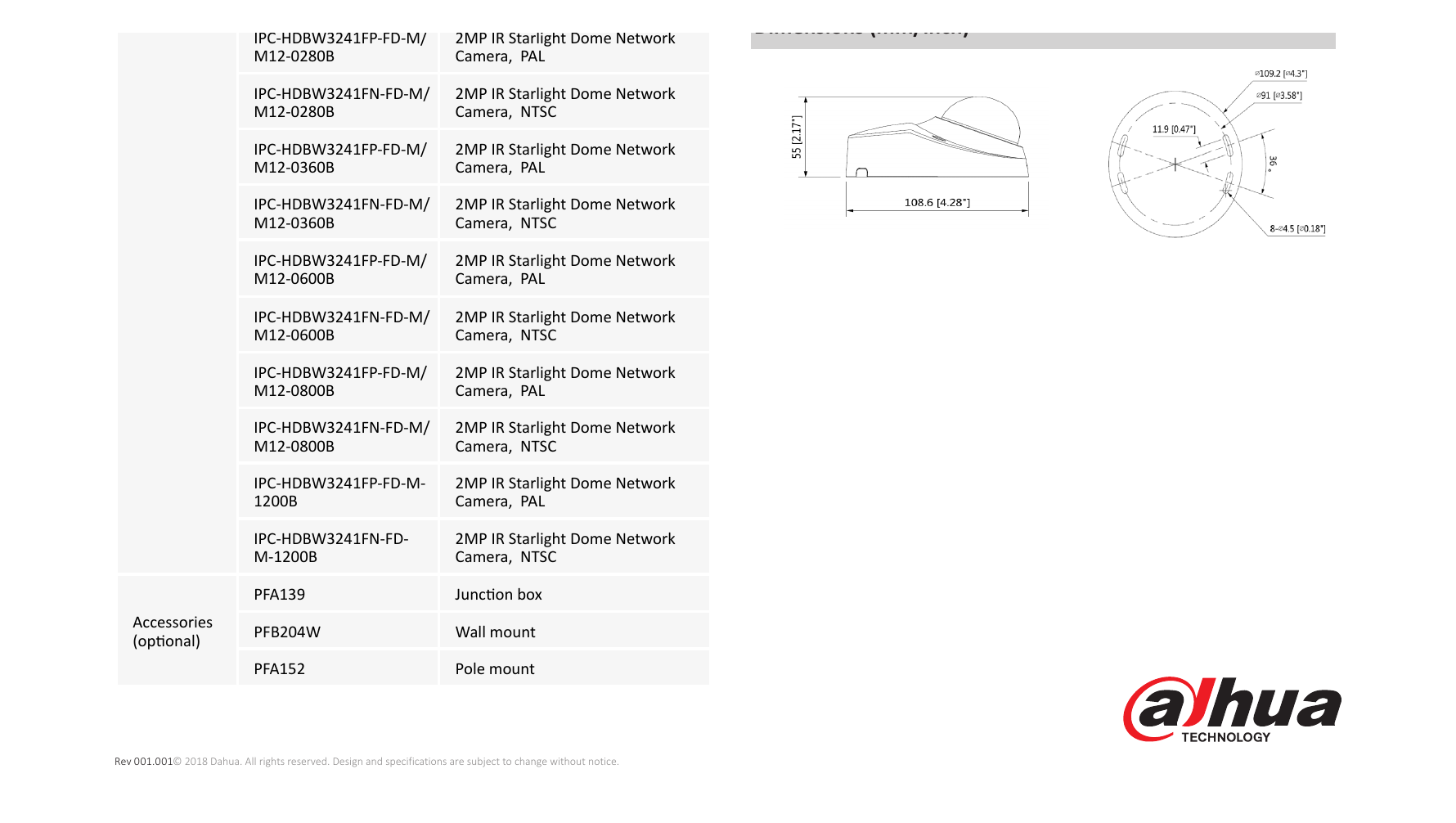 DH-IPC-HDBW3241F-FD-MM12 外形尺寸圖 108.6mm×55mm(4.17"x1.98")｜Unit: mm