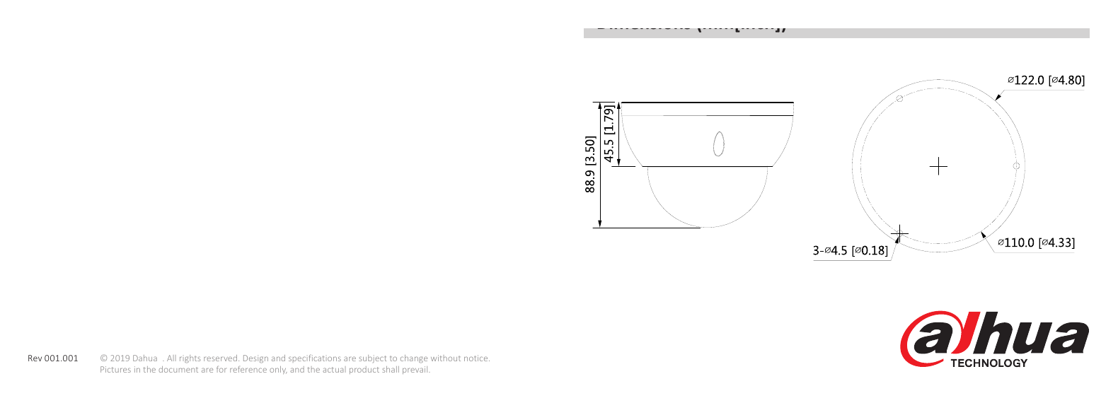 DH-IPC-HDBW3241R-ZAS 外形尺寸圖 Φ122 mm × 88.9 mm (Φ4.8" × 3.5")｜Unit: mm